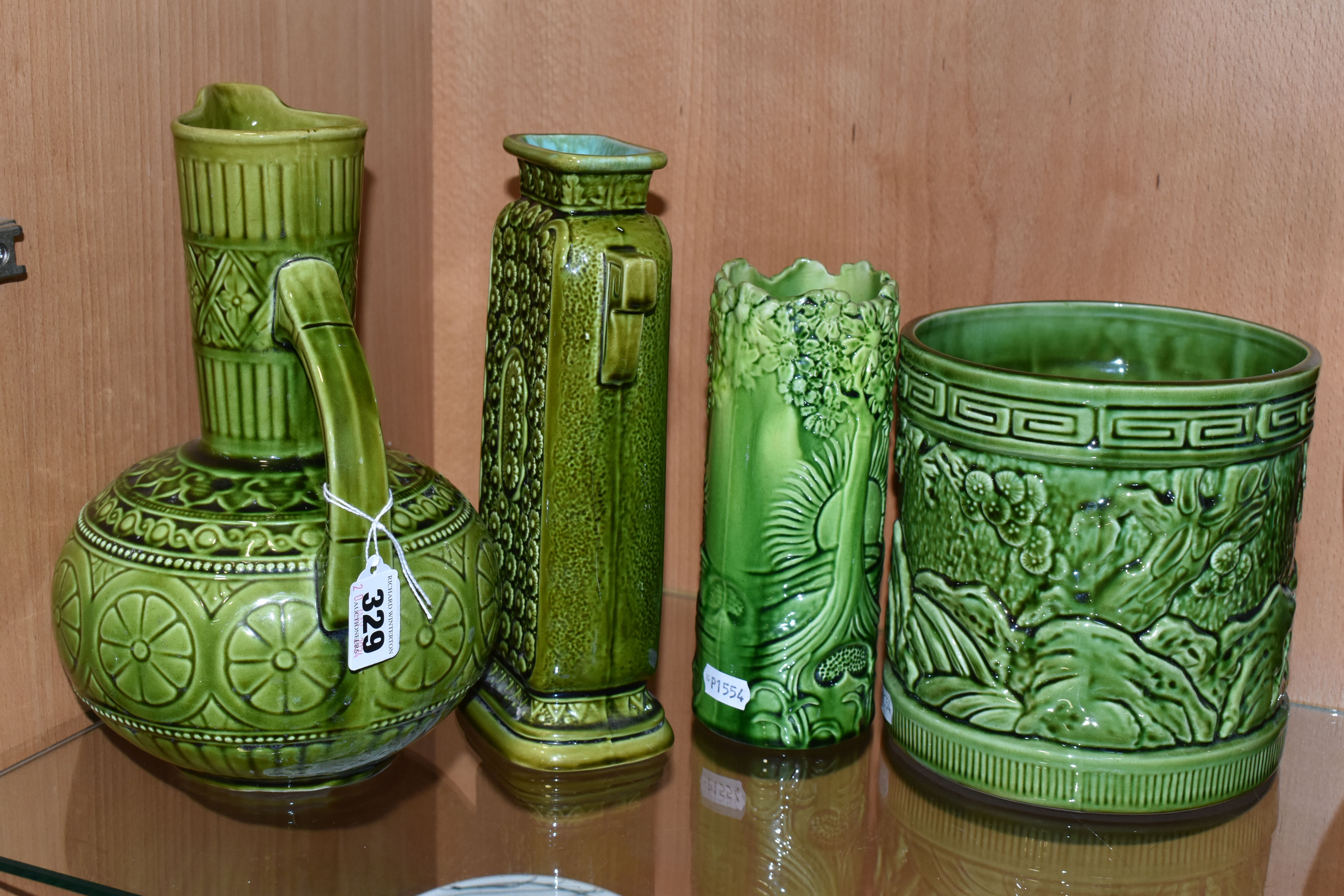 FOUR PIECES OF GREEN GLAZED POTTERY, comprising a Lear green glazed jug marked 'Lear 145', a Lear - Image 9 of 9