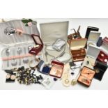 A BOX OF ASSORTED JEWELLERY AND WATCHES, to include a pair of 'Monet' stud earrings, a pair of '