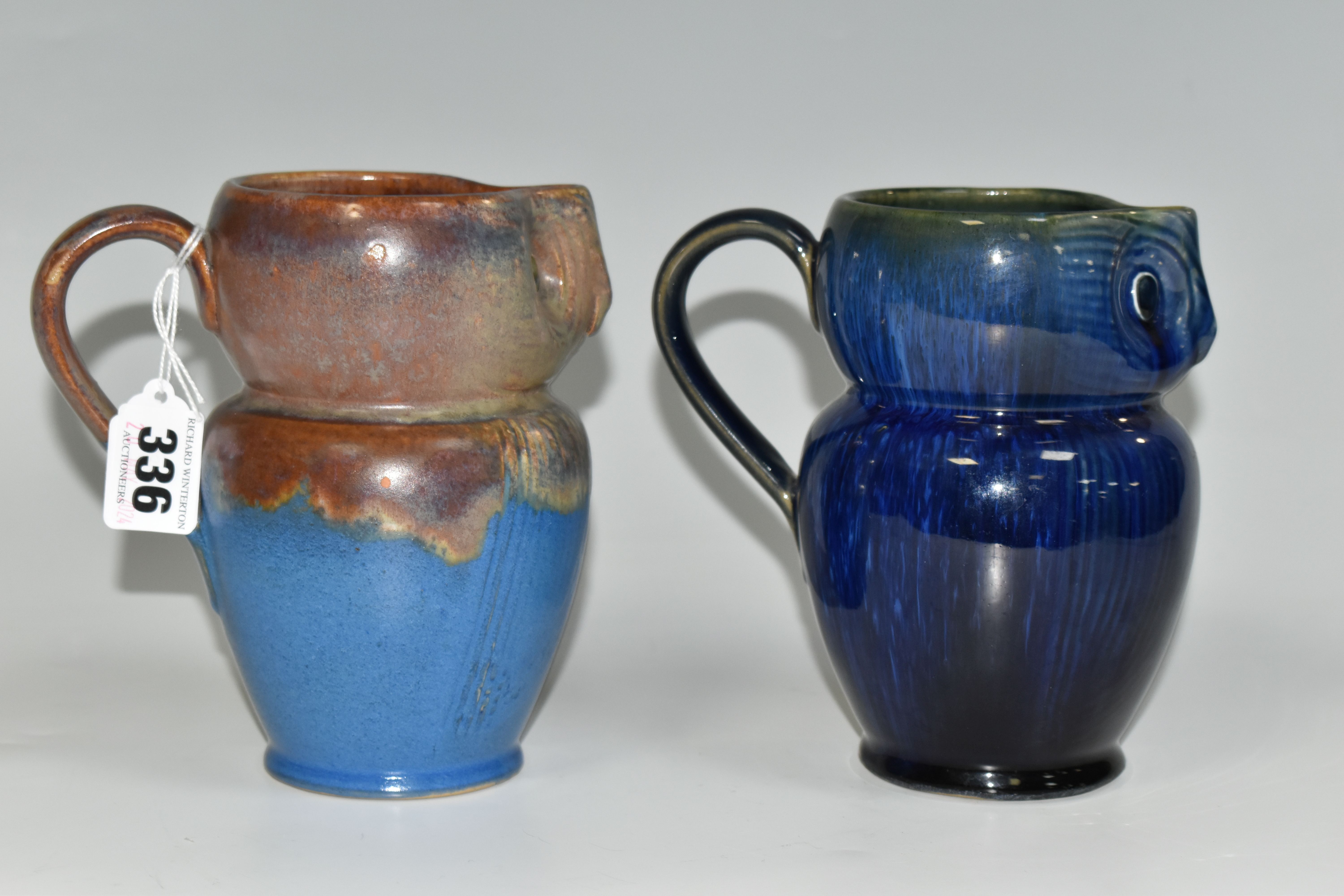 TWO BOURNE DENBY OWL JUGS, 1920s-1930s Danesby Ware, one with mid blue and brown glaze, the other - Image 4 of 6