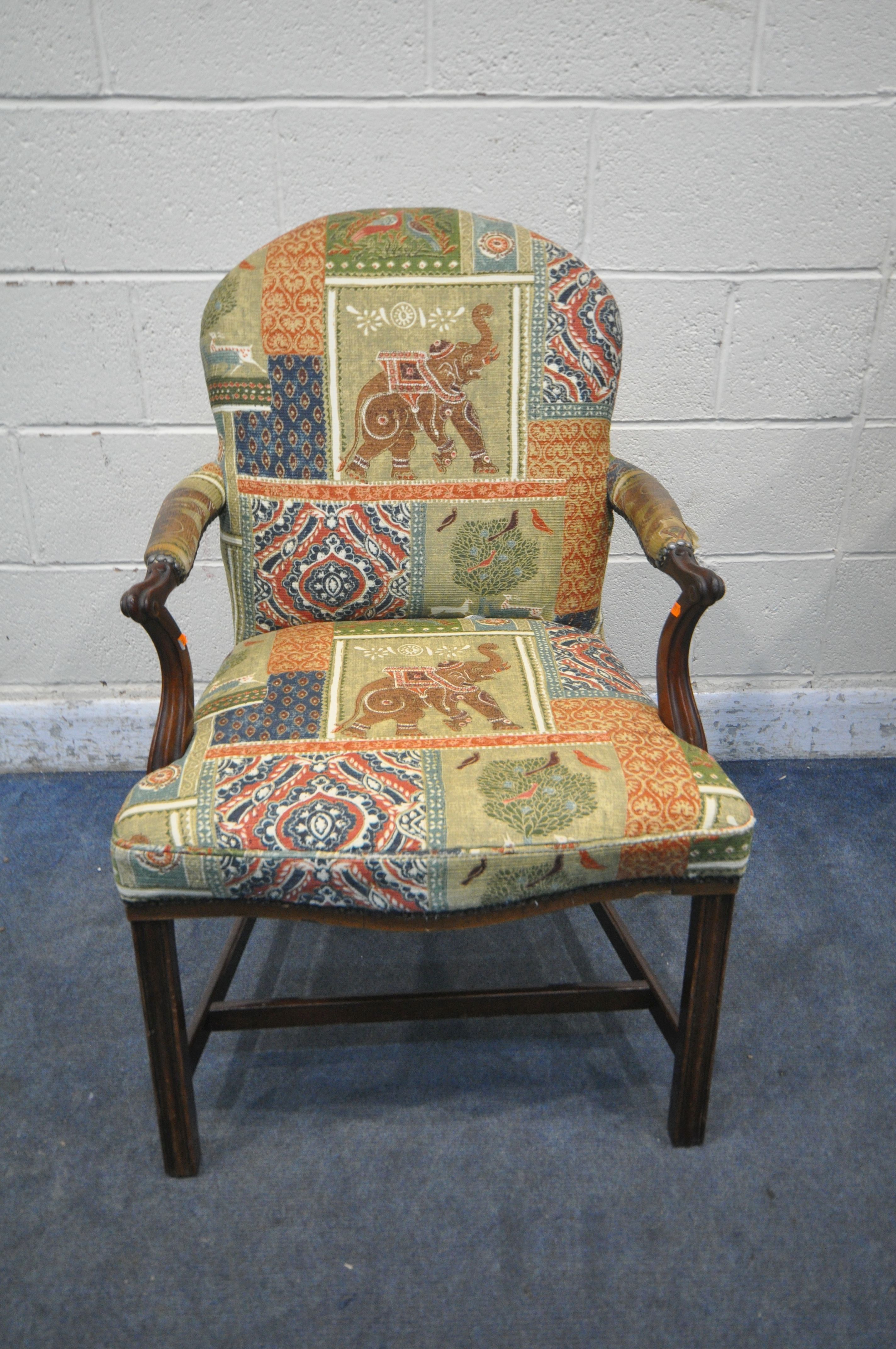 A REPRODUCTION GEORGIAN STYLE MAHOGANY ARMCHAIR, with patterned fabric (condition report: scuffs and - Image 2 of 2