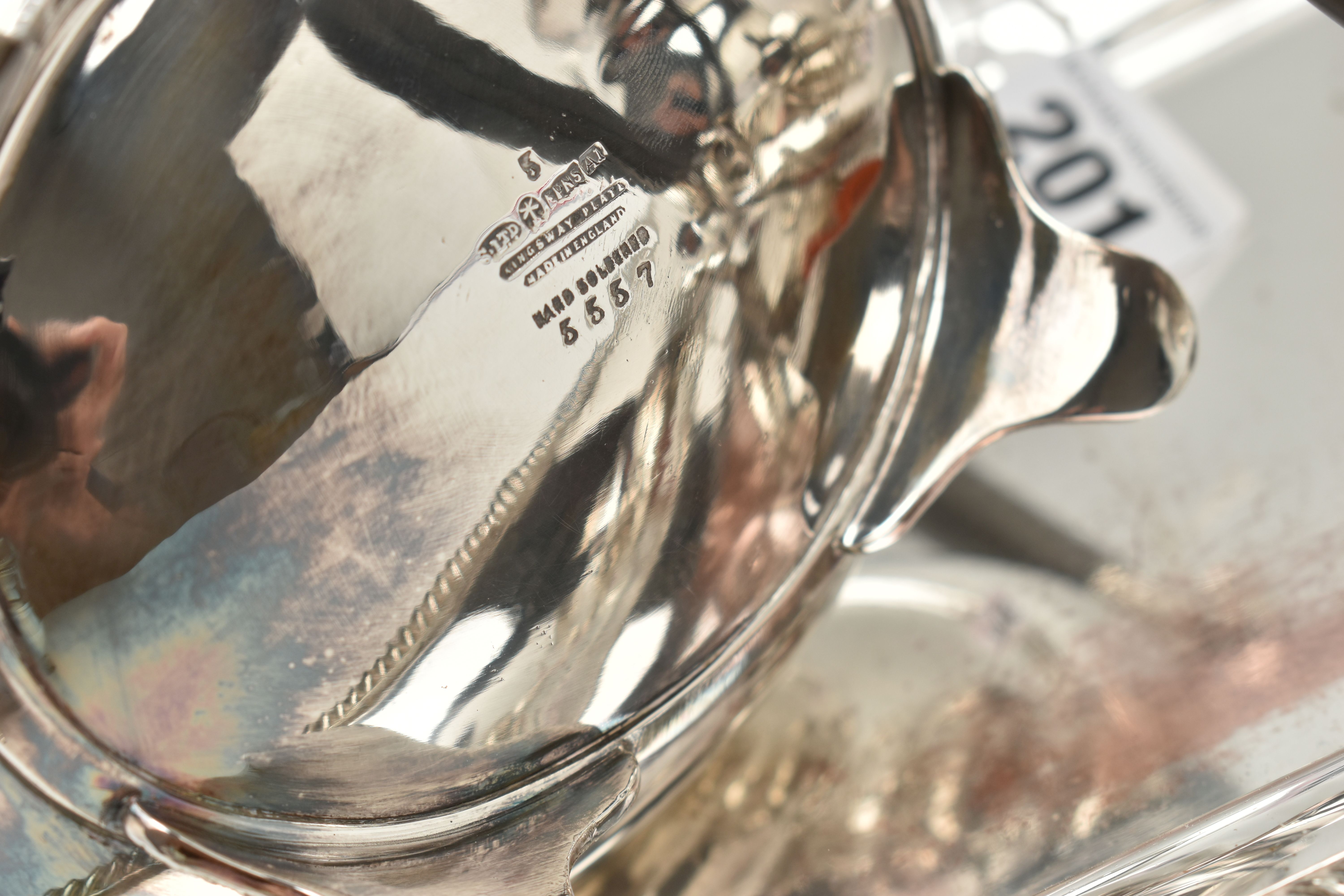 A FOUR PIECE SILVER PLATED TEA SET WITH TRAY, comprising of a polished teapot, coffee pot, sugar - Image 9 of 9