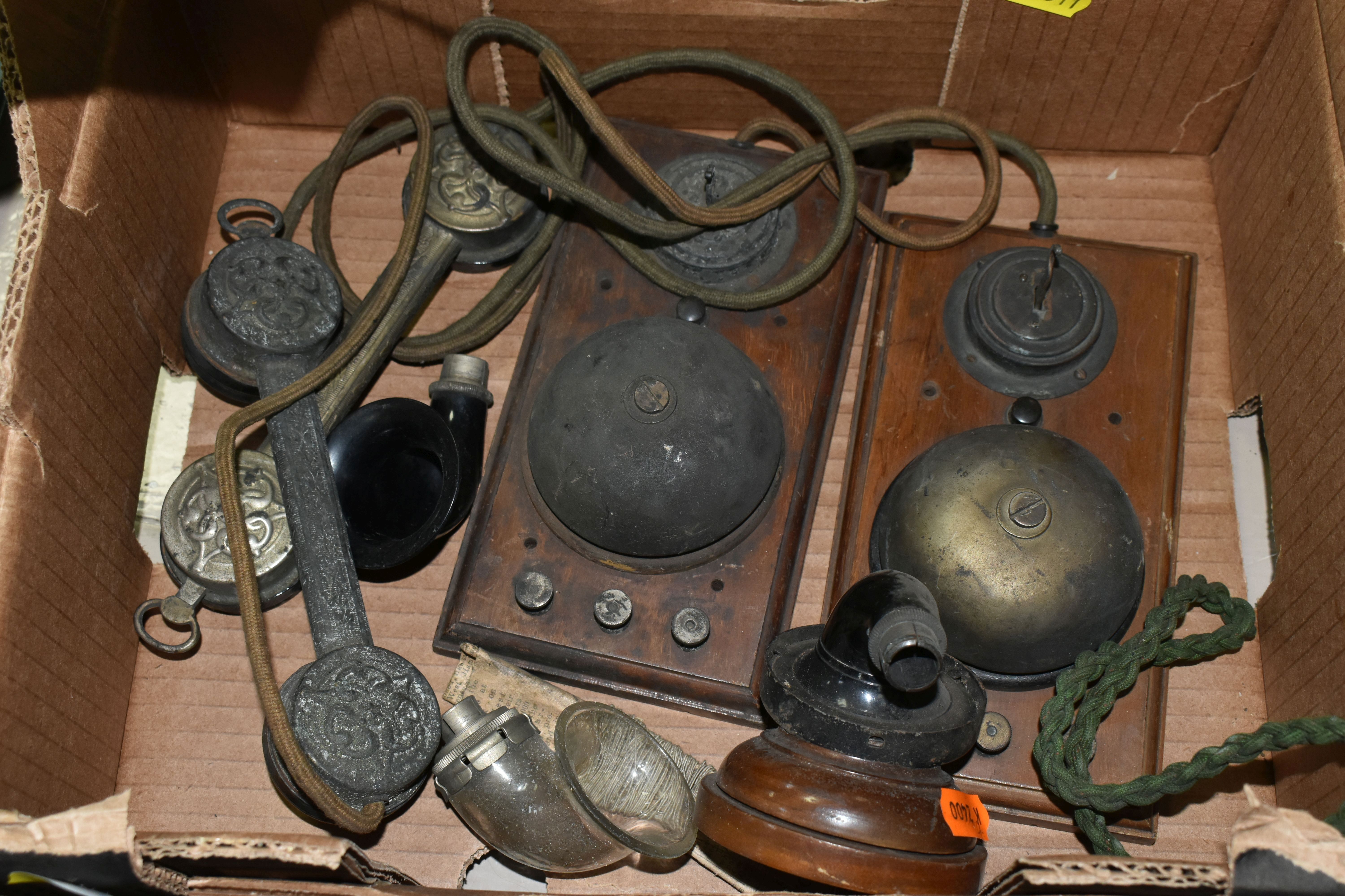 ONE BOX AND LOOSE EARLY 20TH CENTURY TELEPHONE PARTS, to include bells, switches, handsets, etc. ( - Image 8 of 8