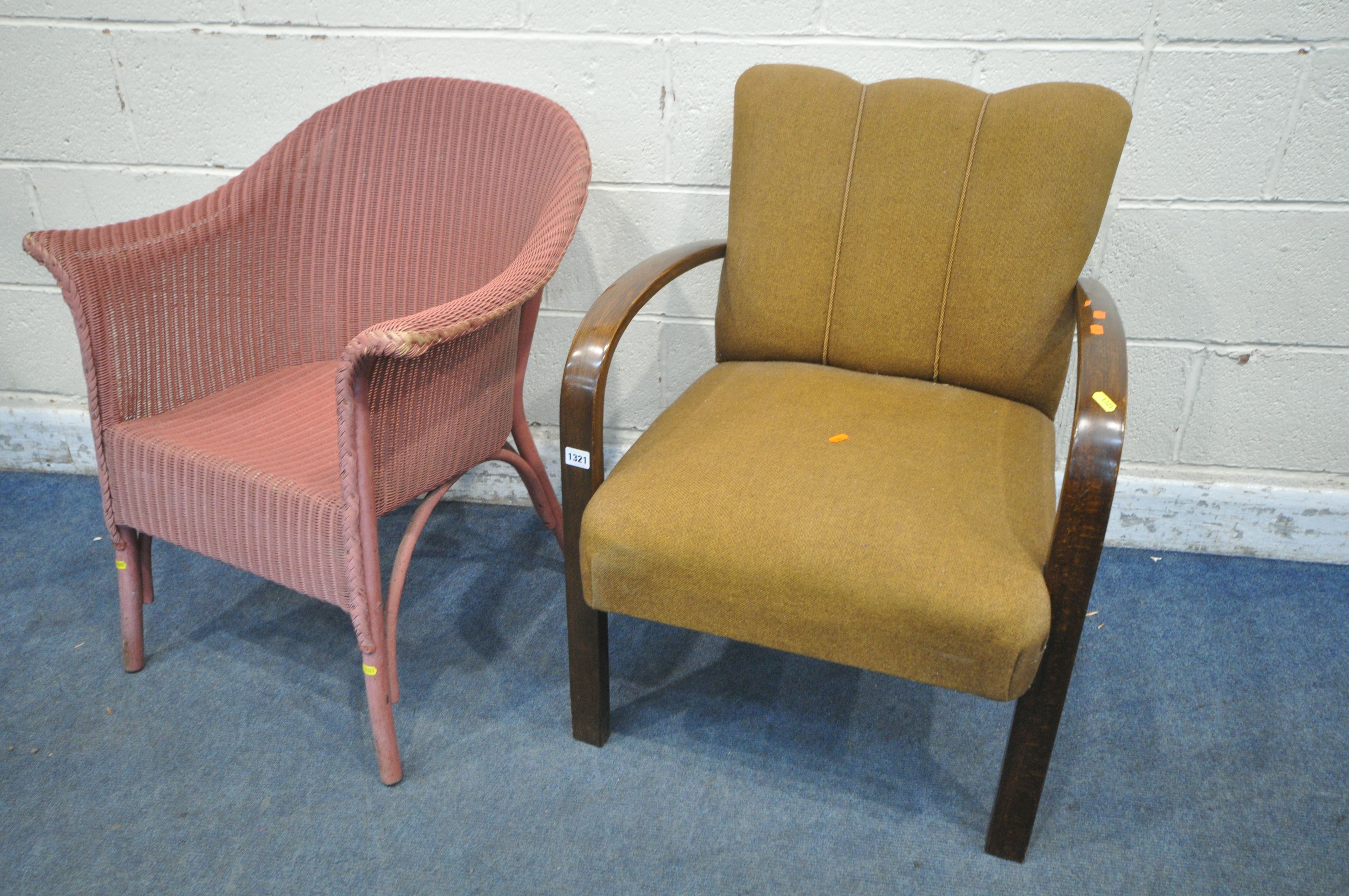 AN ART DECO BROWN UPHOLSTERED OPEN ARMCHAIR, width 60cm x depth 68cm x height 82cm, and a Lloyd loom