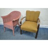 AN ART DECO BROWN UPHOLSTERED OPEN ARMCHAIR, width 60cm x depth 68cm x height 82cm, and a Lloyd loom