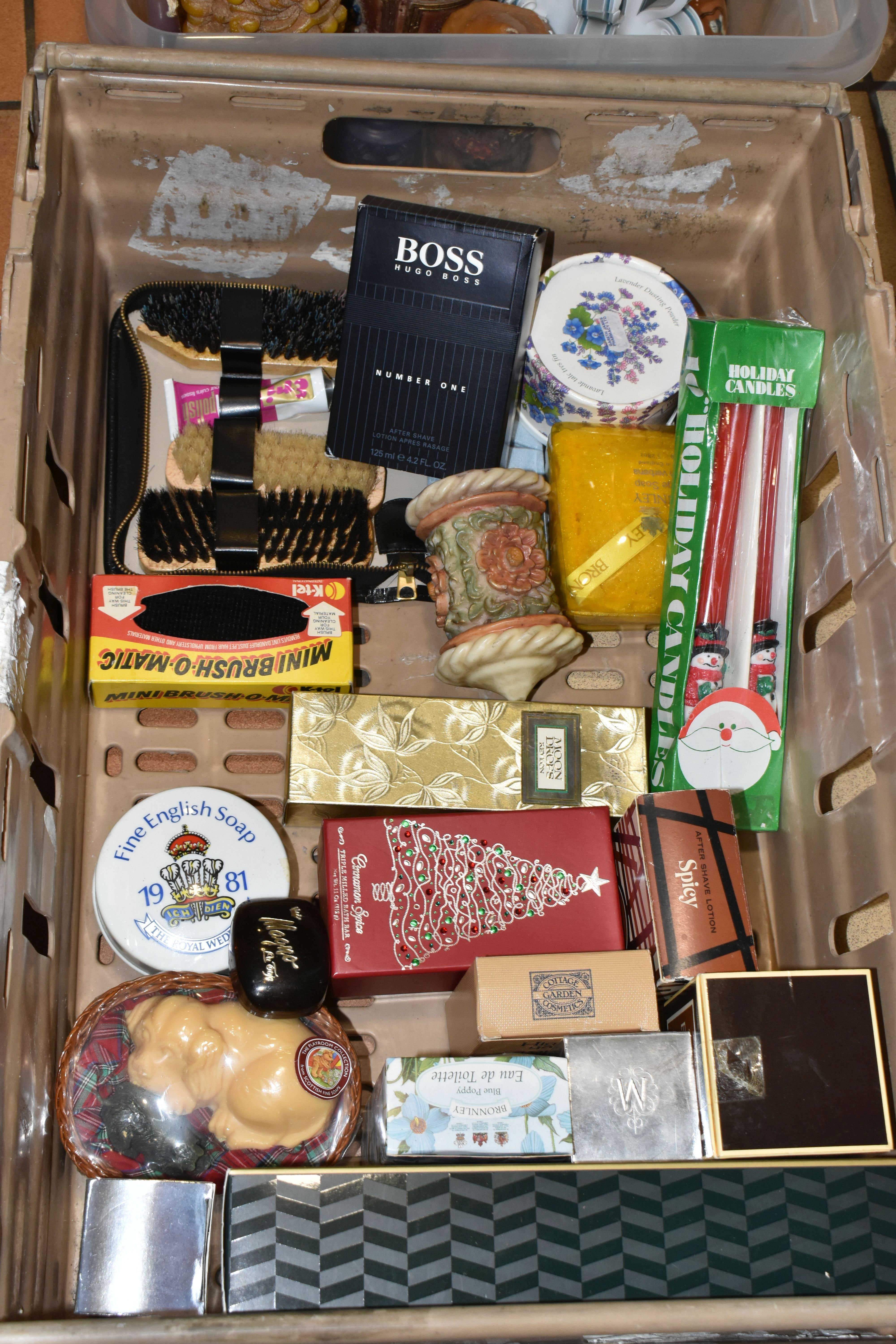 TWO BOXES OF AFTERSHAVE, CANDLES, SOAPS AND OTHER TOILETRIES, to include a boxed Hugo Boss Number