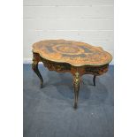 A LOUIS XVI STYLE KINGWOOD, EBONY AND MARQUETRY INLAID CENTRE TABLE, late 19th century, the and