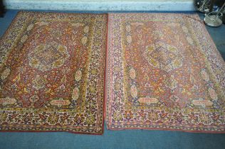 TWO 20TH CENTURY SYNTHETIC SILK RUGS, of two colours and intricate designs, 182cm x 145cm (condition