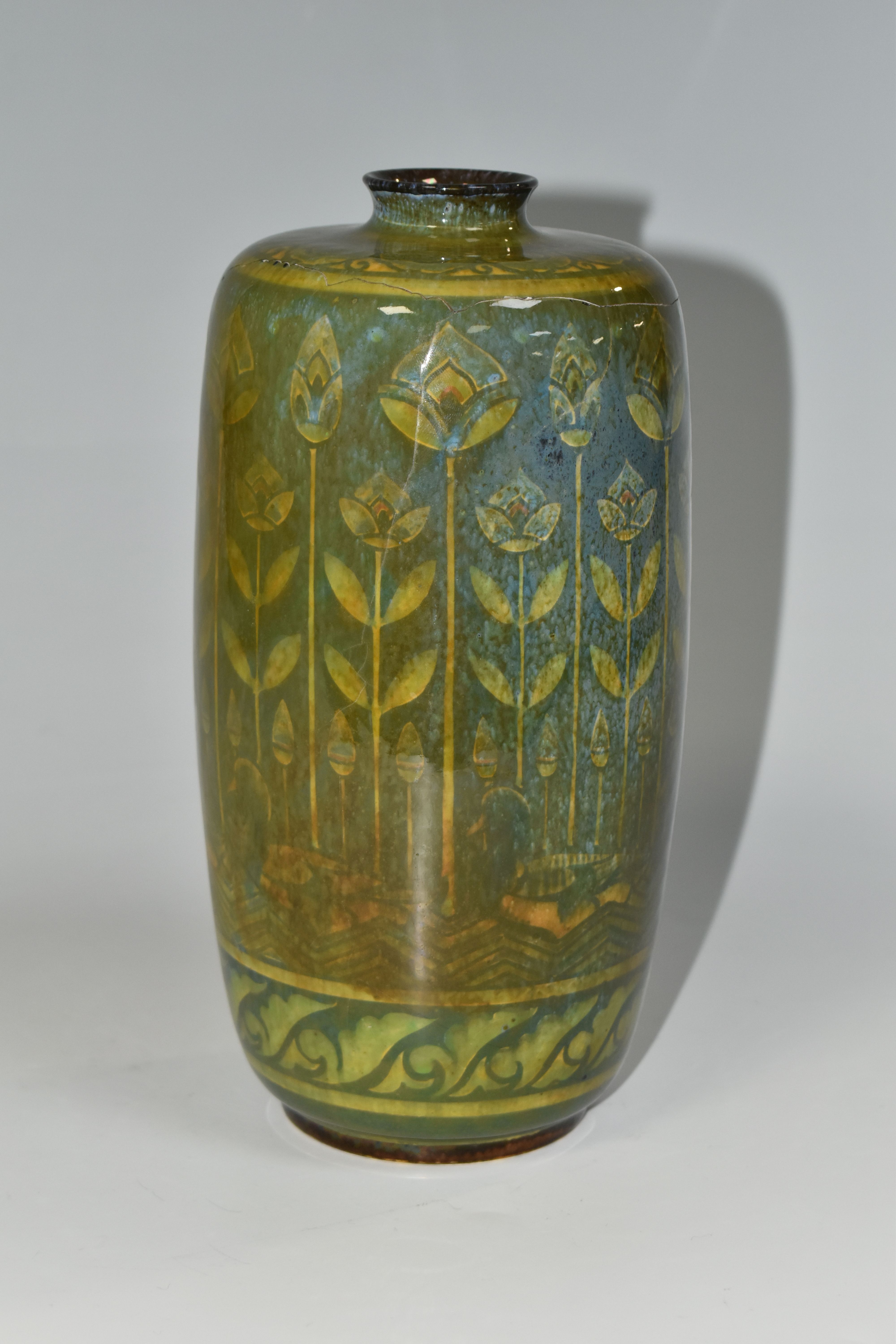 A PILKINGTON'S VASE, decorated with yellow stylized reeds and ducks on a mottled green ground, - Image 3 of 7