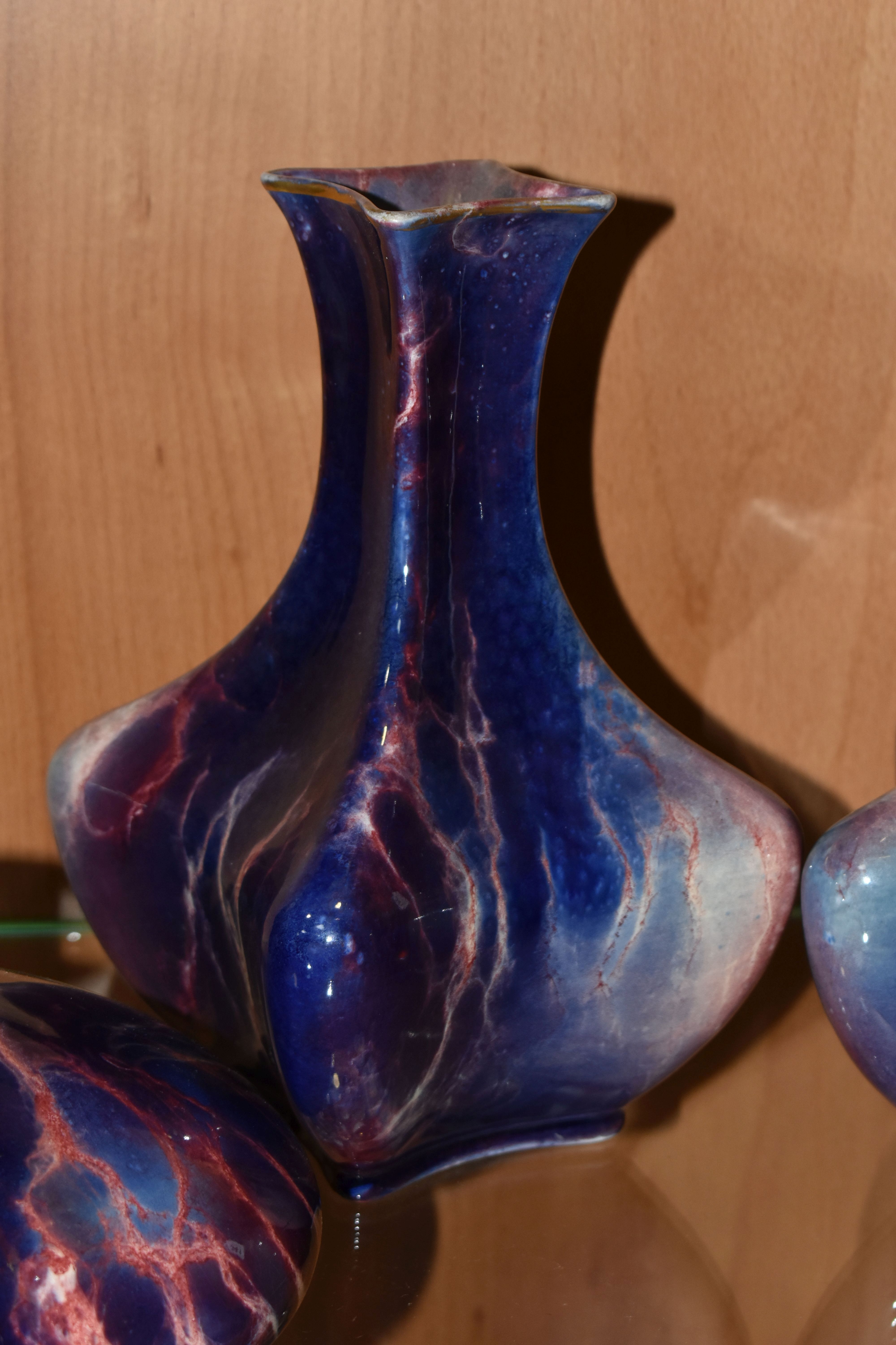FIVE WILKINSON'S ROYAL STAFFS POTTERY ORIFLAMME VASES, with marbled purple and pink glazes, - Image 5 of 9