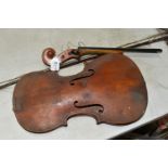 A VIOLIN IN NEED OF ATTENTION, two piece back, no visible maker's label but bears a label reading '