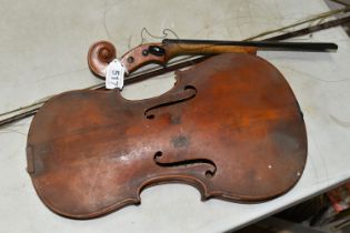 A VIOLIN IN NEED OF ATTENTION, two piece back, no visible maker's label but bears a label reading '