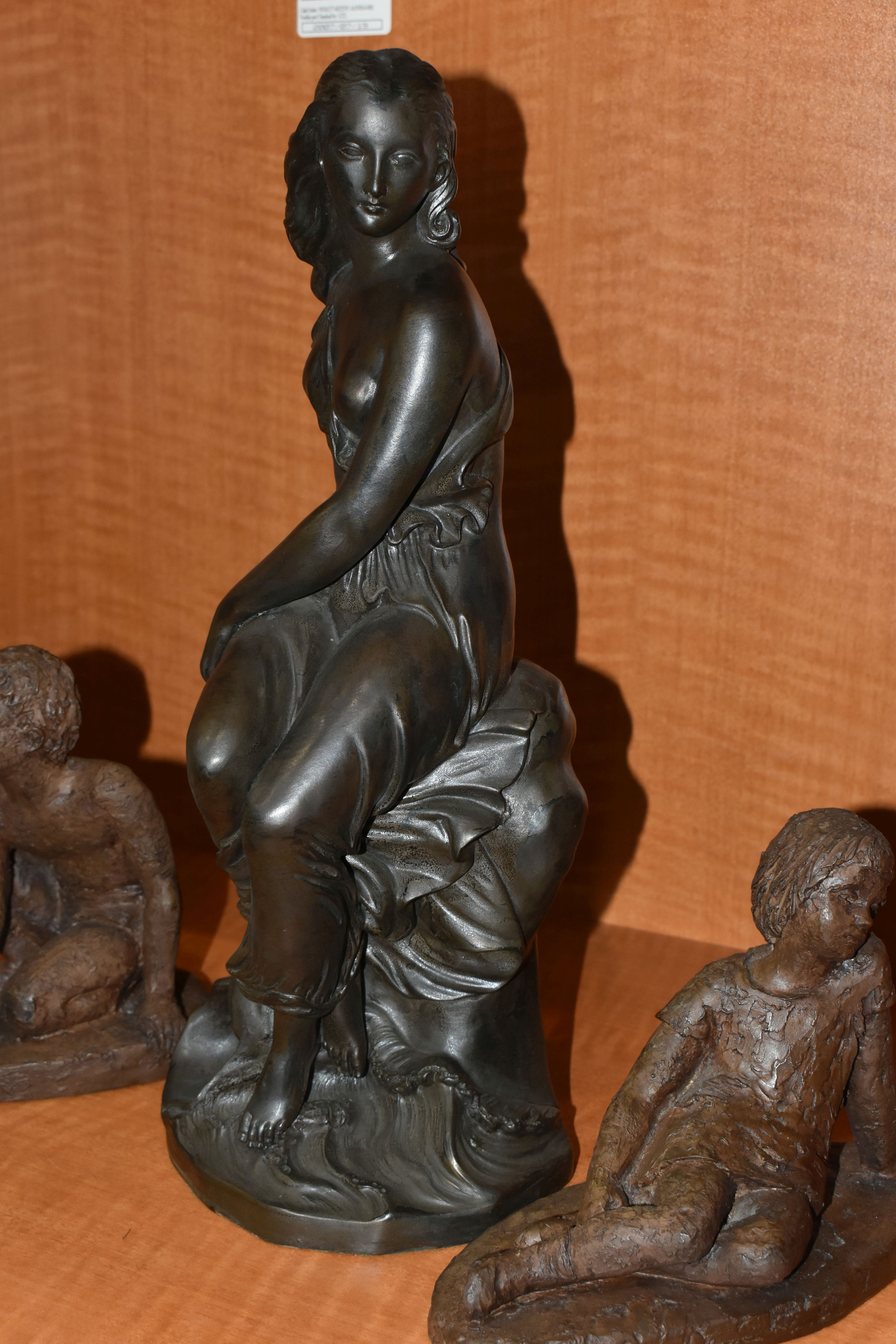 A BRONZED RESIN MODEL OF A SCANTILY CLAD SEATED CLASSICAL FEMALE AND TWO KARIN JONZEN BRONZED - Image 6 of 15