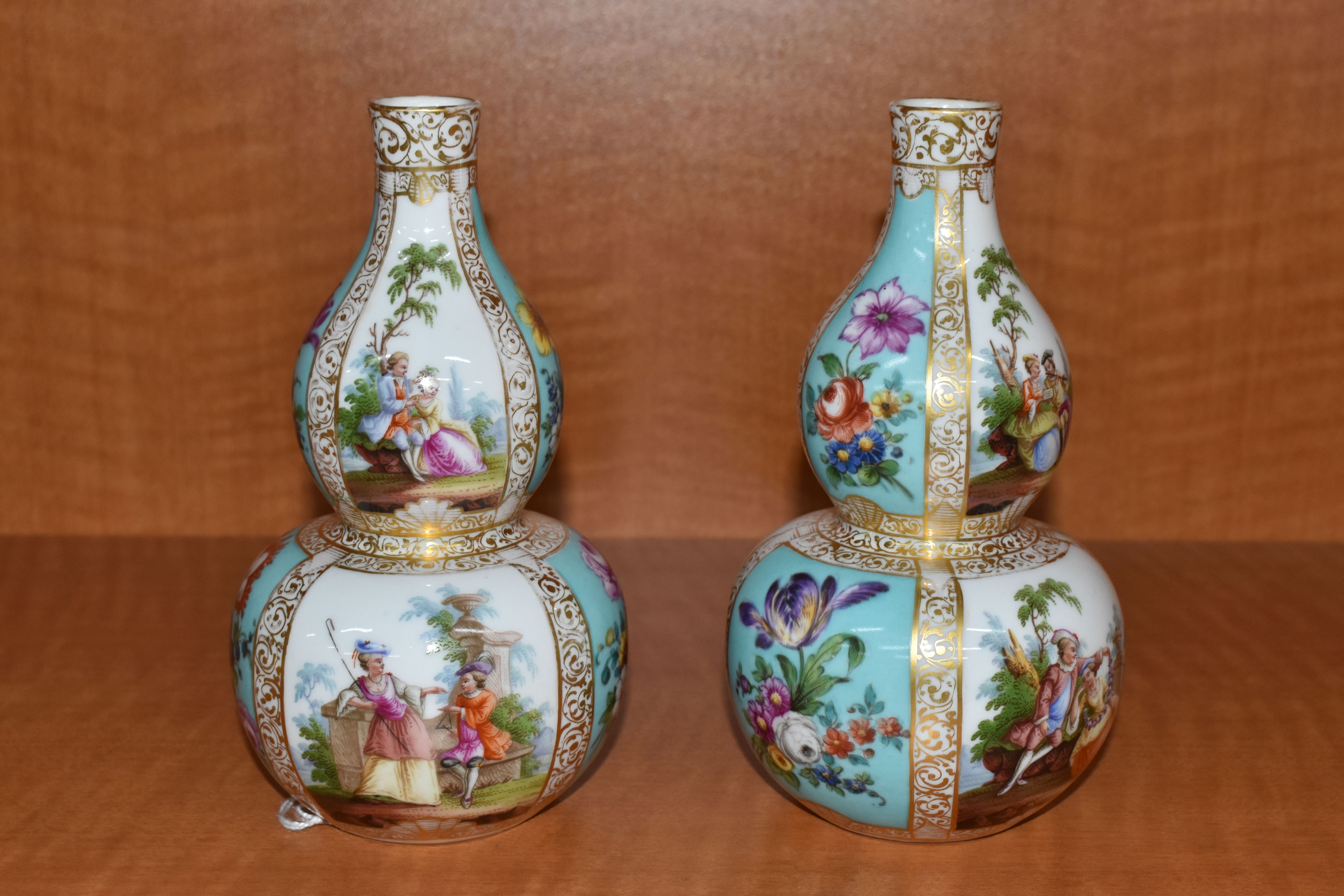 A PAIR OF LATE 19TH CONTINENTAL PORCELAIN VASES OF DOUBLE GOURD FORM, hand painted with - Image 4 of 6