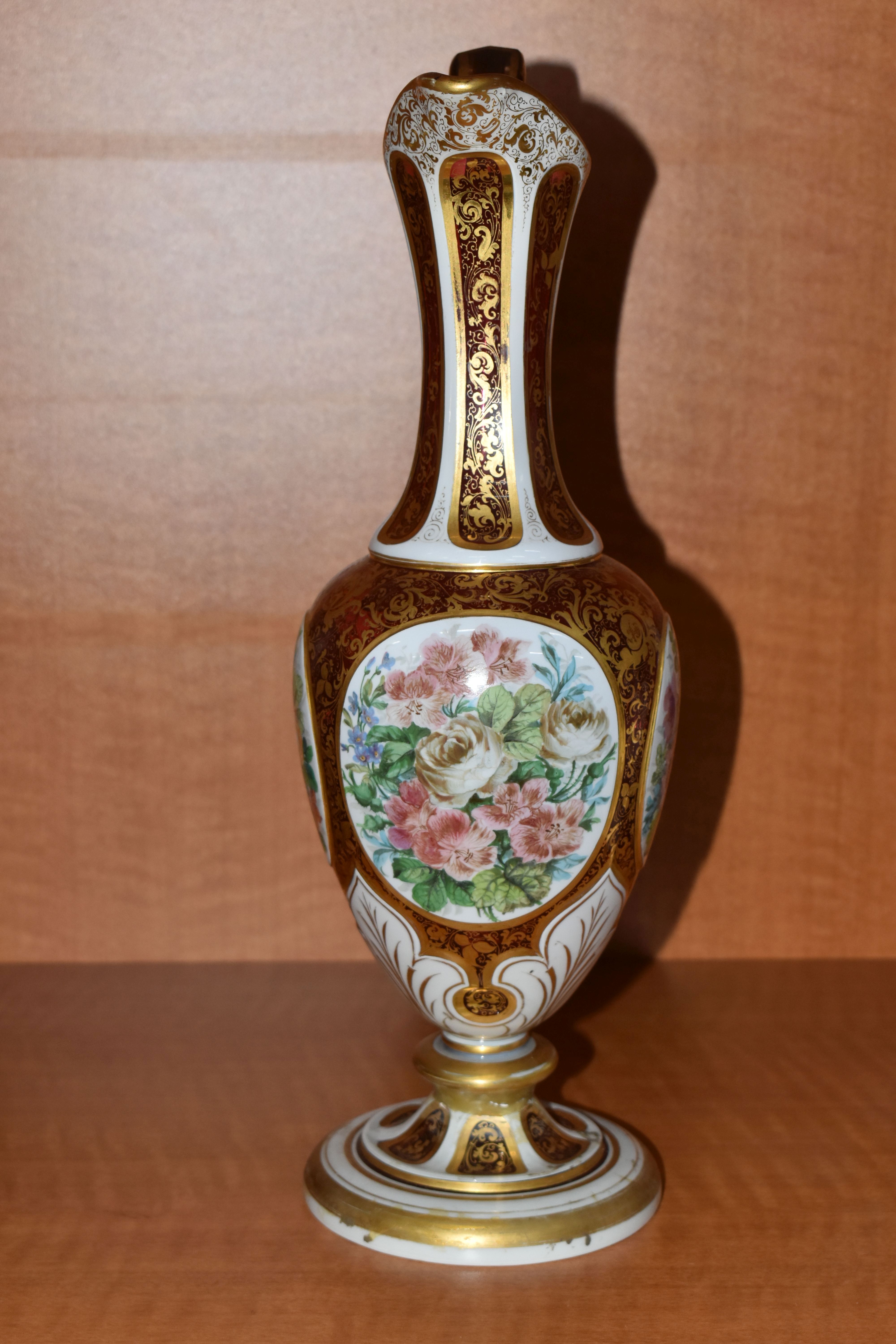 A SECOND HALF 19TH CENTURY CASED GLASS EWER, with 'S' scroll handle, the body overlaid with white - Image 2 of 13