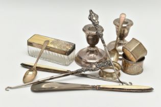 ASSORTED SILVER ITEMS, to include a pair of silver dwarf candle sticks, on round weighted bases,