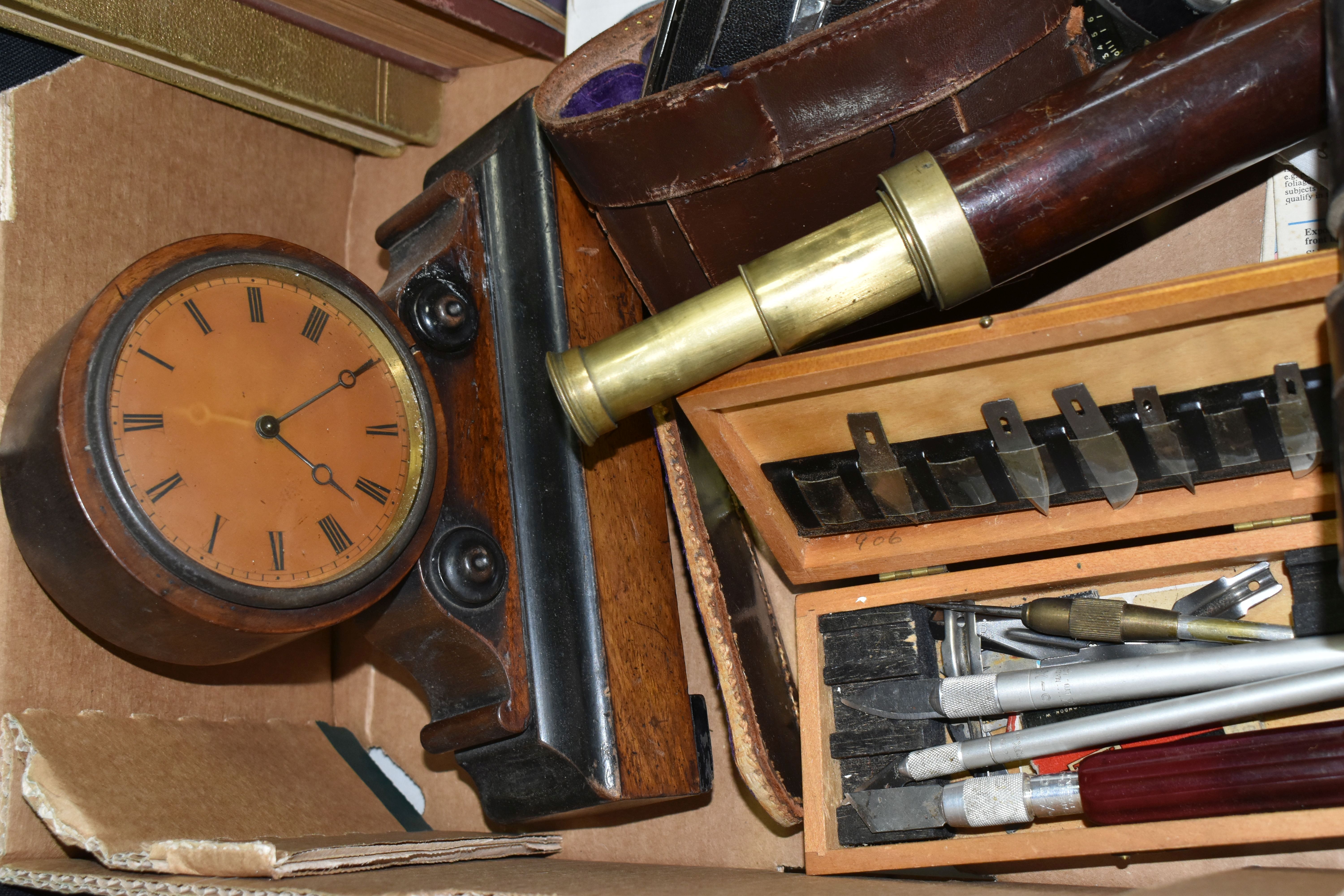 A BOX OF BOOKS, DOLL, CLOCK, TELESCOPE AND SUNDRY ITEMS, to include a cased 19th century - Image 2 of 8