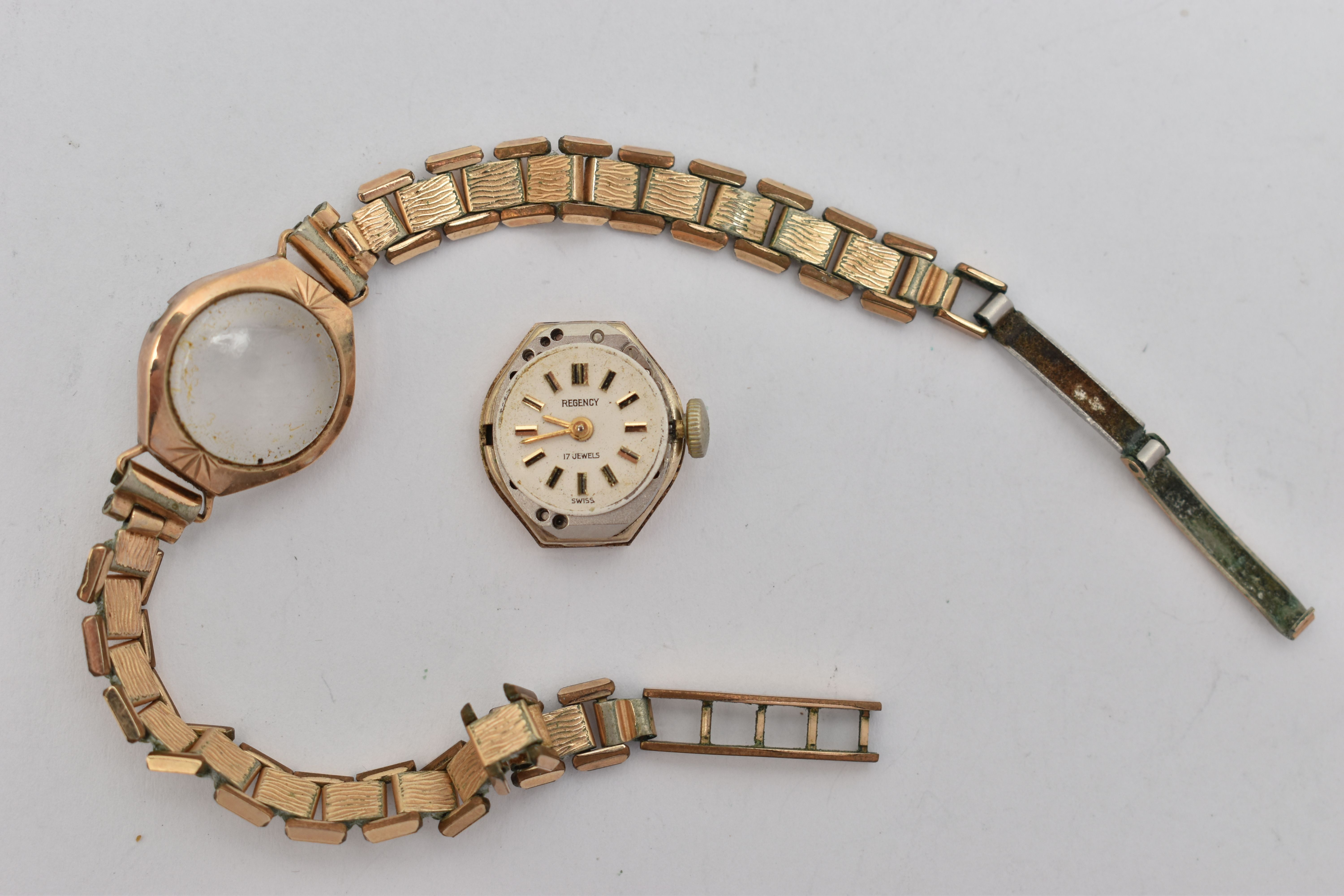 A 9CT GOLD LADIES WRISTWATCH, hand wound movement, round dial signed 'Regency', baton markers,