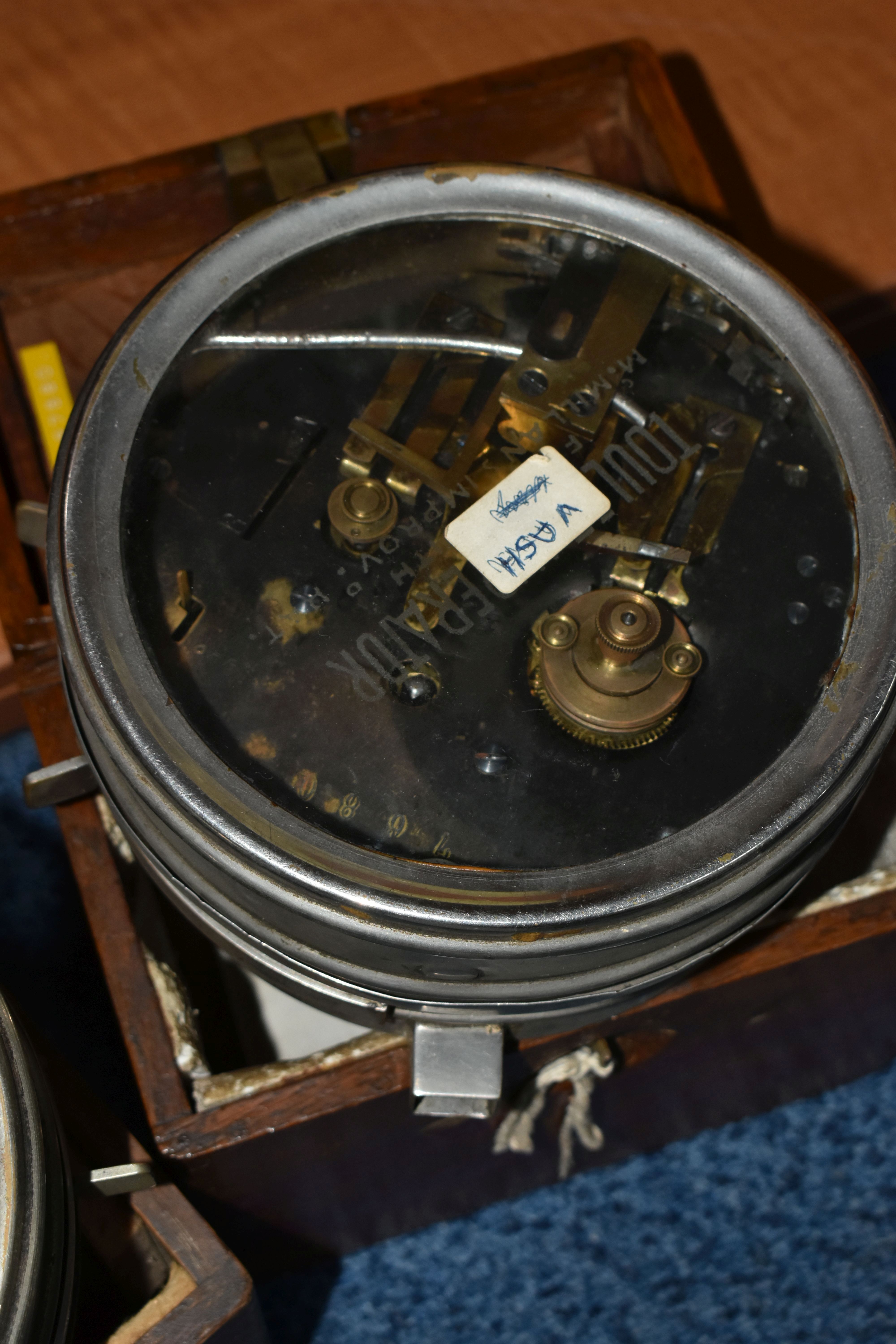 TWO VINTAGE OAK CASED PIGEON CLOCKS, one with Toulet branding to glass, clock no.127680, the other - Image 3 of 6