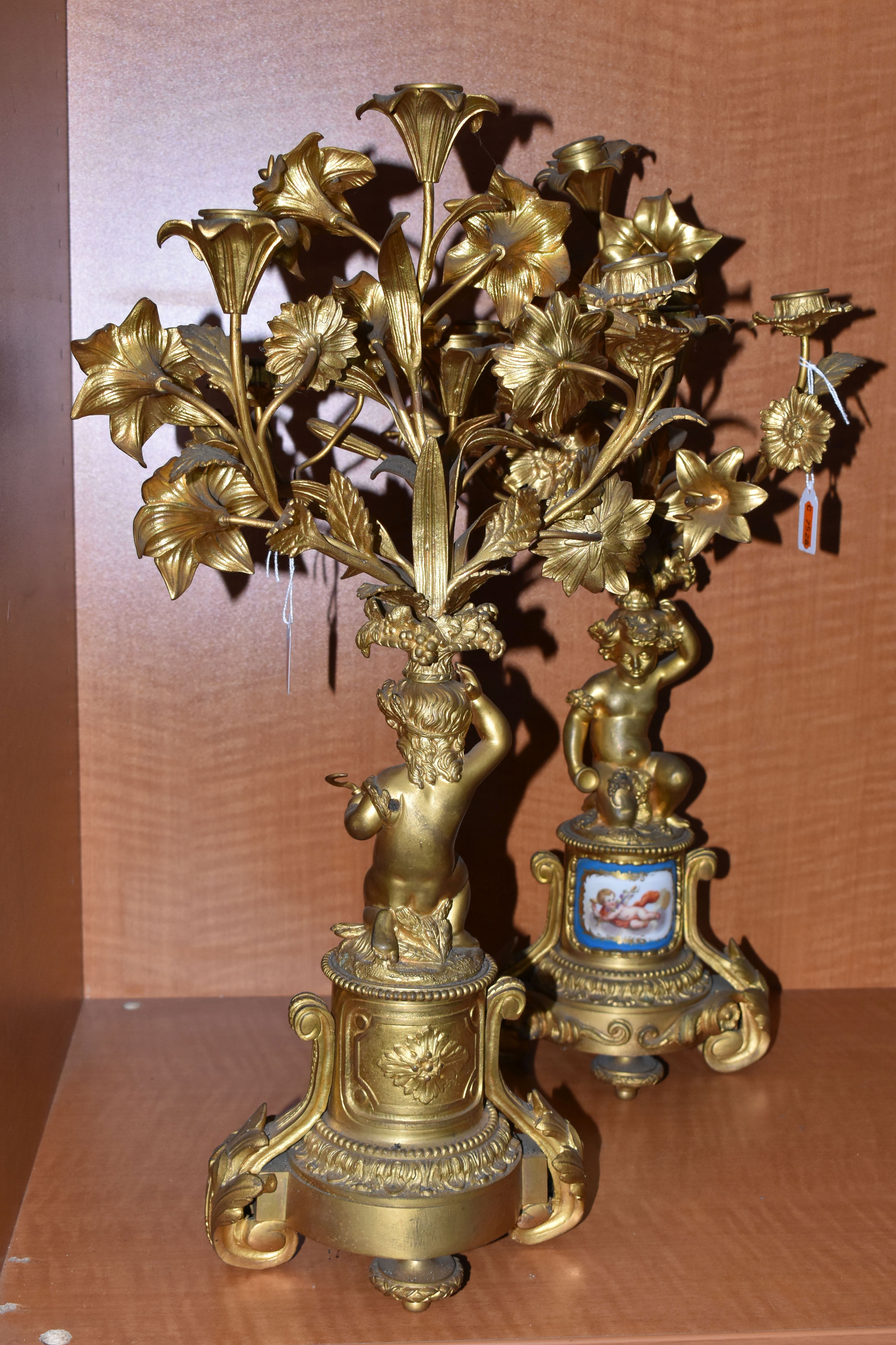 A PAIR OF MID 19TH GILT METAL candelabra, the upper section of floral form fitted with candle - Image 5 of 13