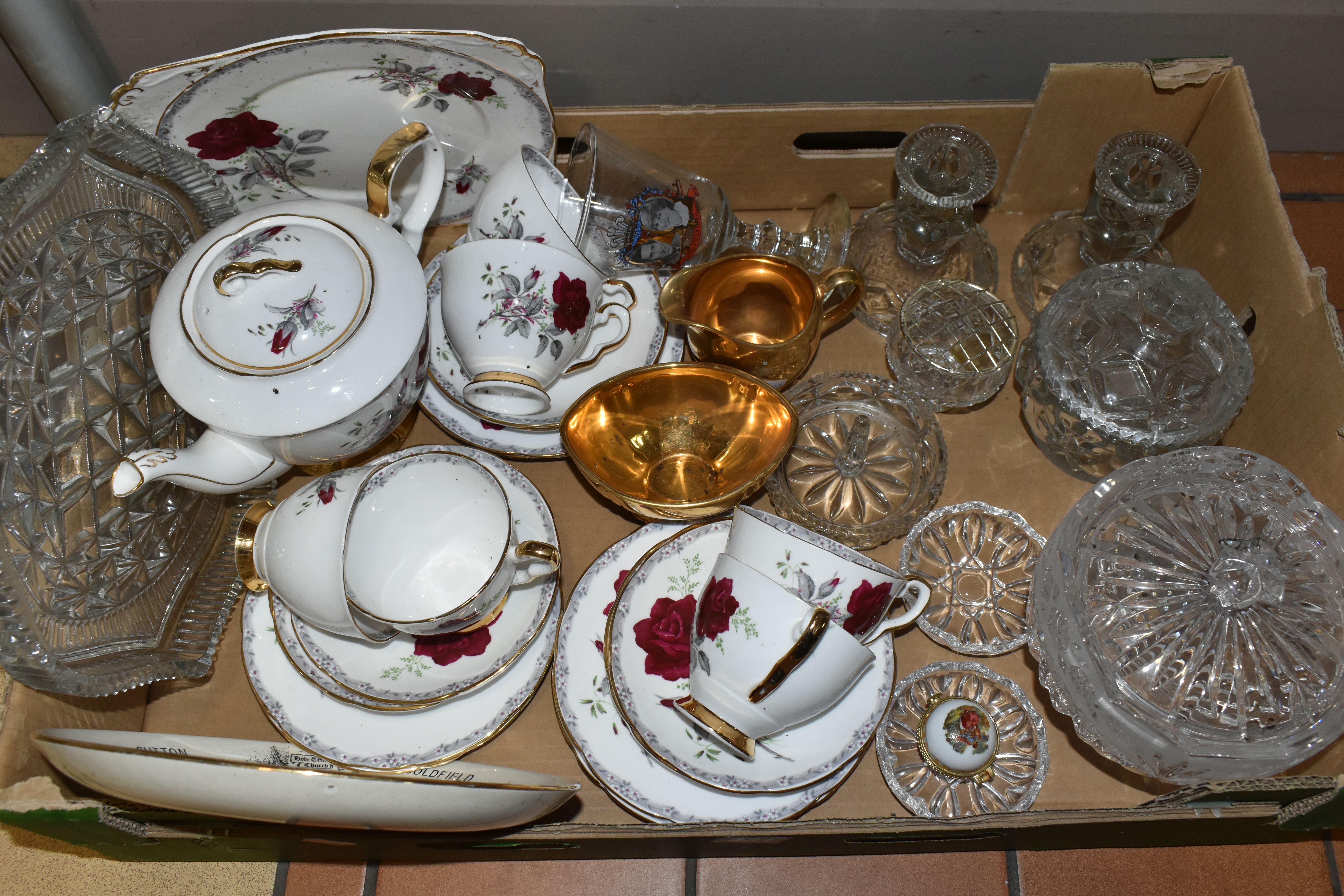 A BOX OF CERAMICS AND GLASS WARE, to include a twenty piece Royal Stafford 'Roses to Remember' tea