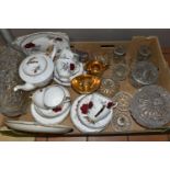 A BOX OF CERAMICS AND GLASS WARE, to include a twenty piece Royal Stafford 'Roses to Remember' tea