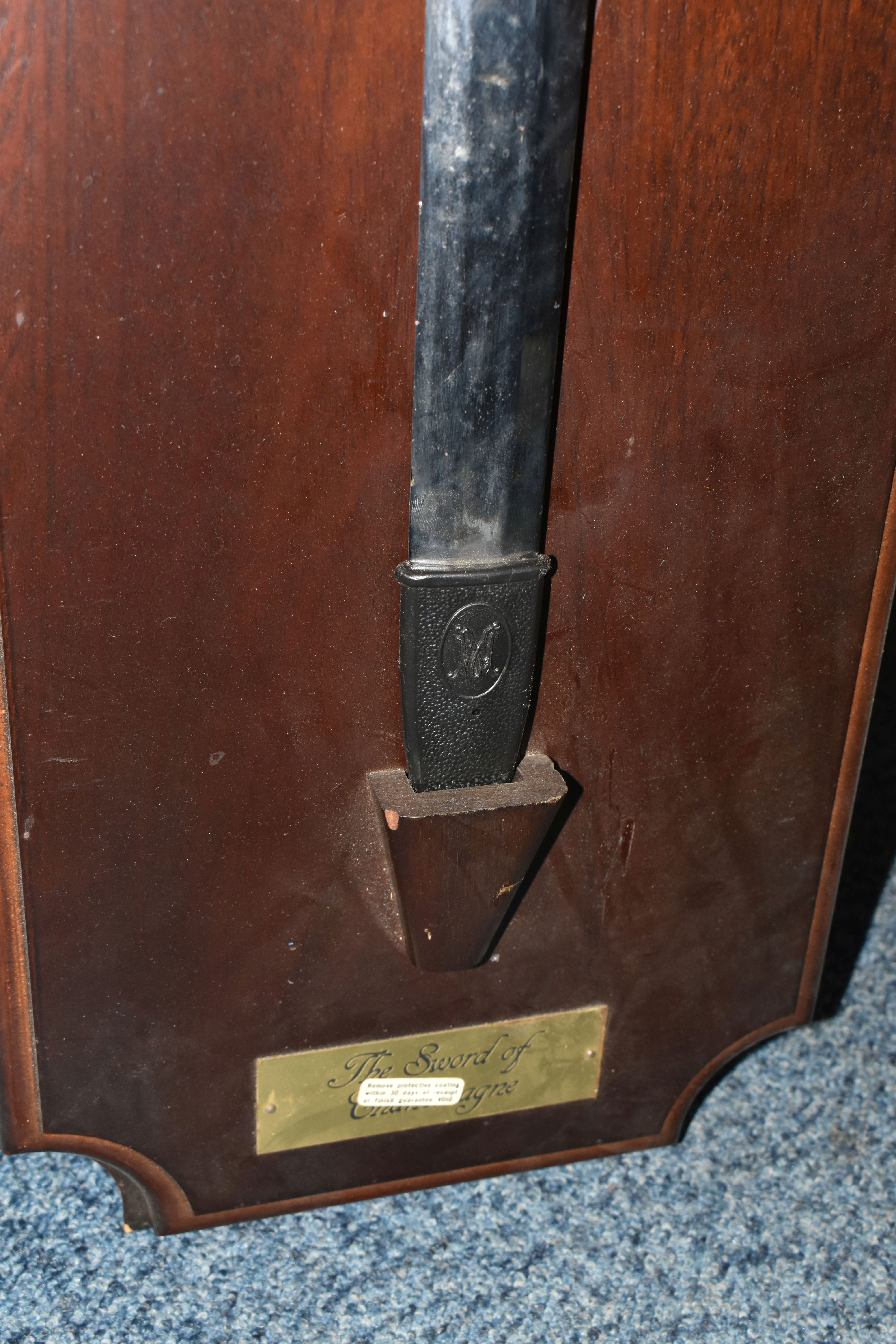 A REPRODUCTION FRANKLIN MINT SWORD OF CHARLEMAGNE WITH WOODEN DISPLAY BOARD AND CERTIFICATE, gold - Image 6 of 6