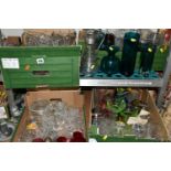 FOUR BOXES AND LOOSE GLASSWARE, to include a claret jug with pewter lid and handle, decorated with
