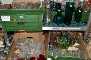 FOUR BOXES AND LOOSE GLASSWARE, to include a claret jug with pewter lid and handle, decorated with