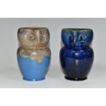 TWO BOURNE DENBY OWL JUGS, 1920s-1930s Danesby Ware, one with mid blue and brown glaze, the other