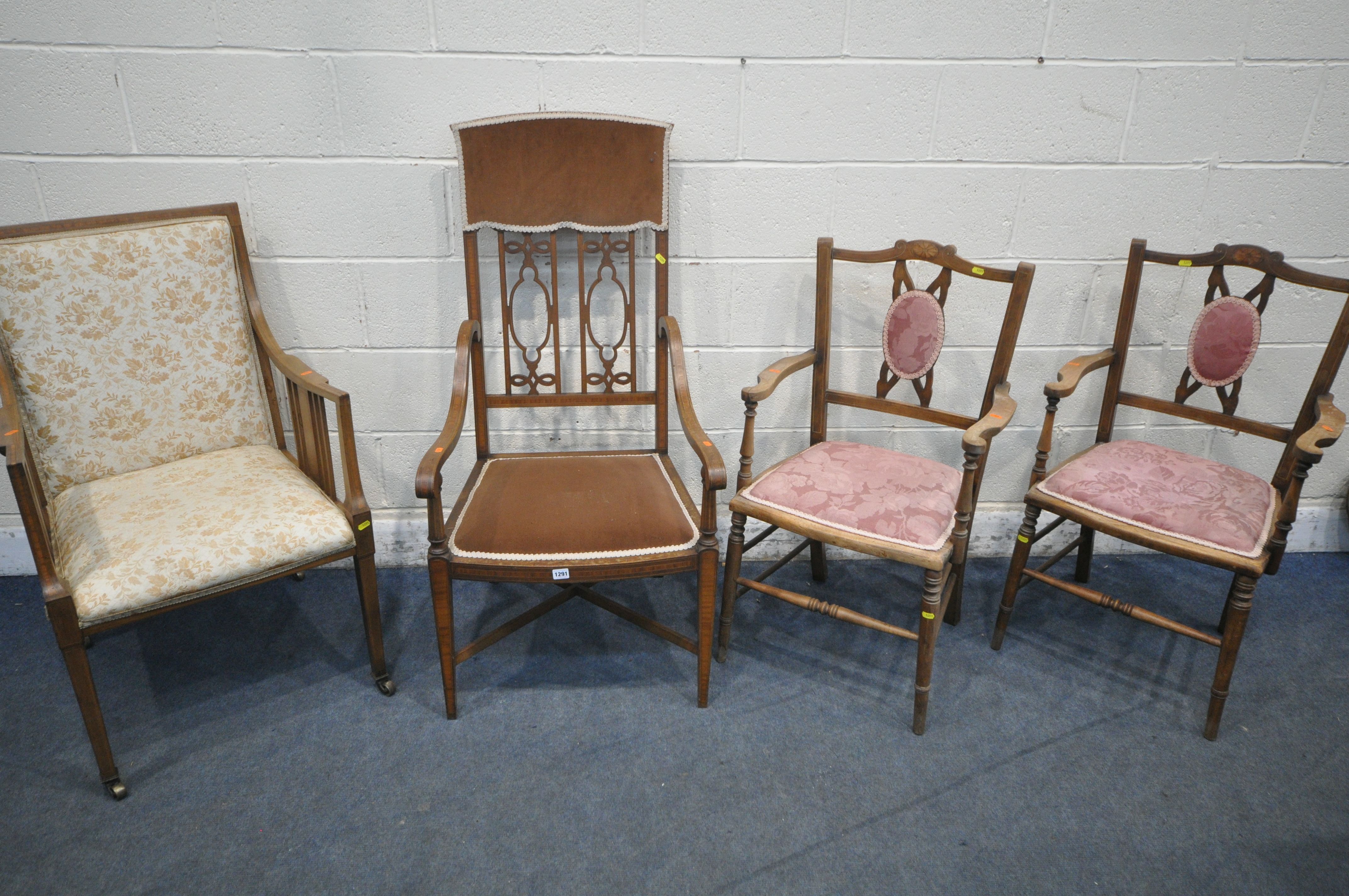 FOUR VARIOUS EDWARDIAN ELBOW CHAIRS, to include a pair of chairs (condition report: all marks and