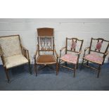 FOUR VARIOUS EDWARDIAN ELBOW CHAIRS, to include a pair of chairs (condition report: all marks and
