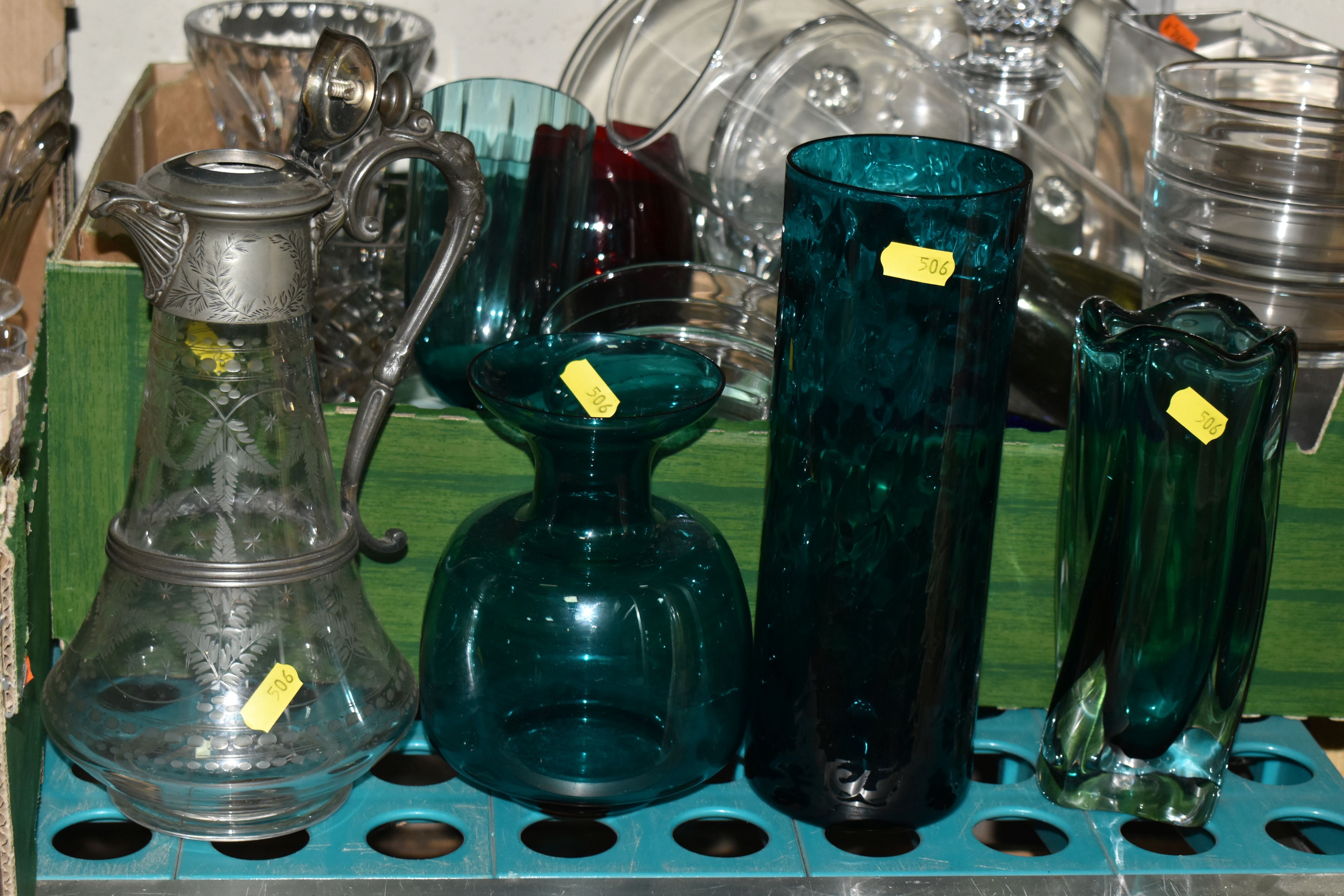 FOUR BOXES AND LOOSE GLASSWARE, to include a claret jug with pewter lid and handle, decorated with - Image 2 of 9