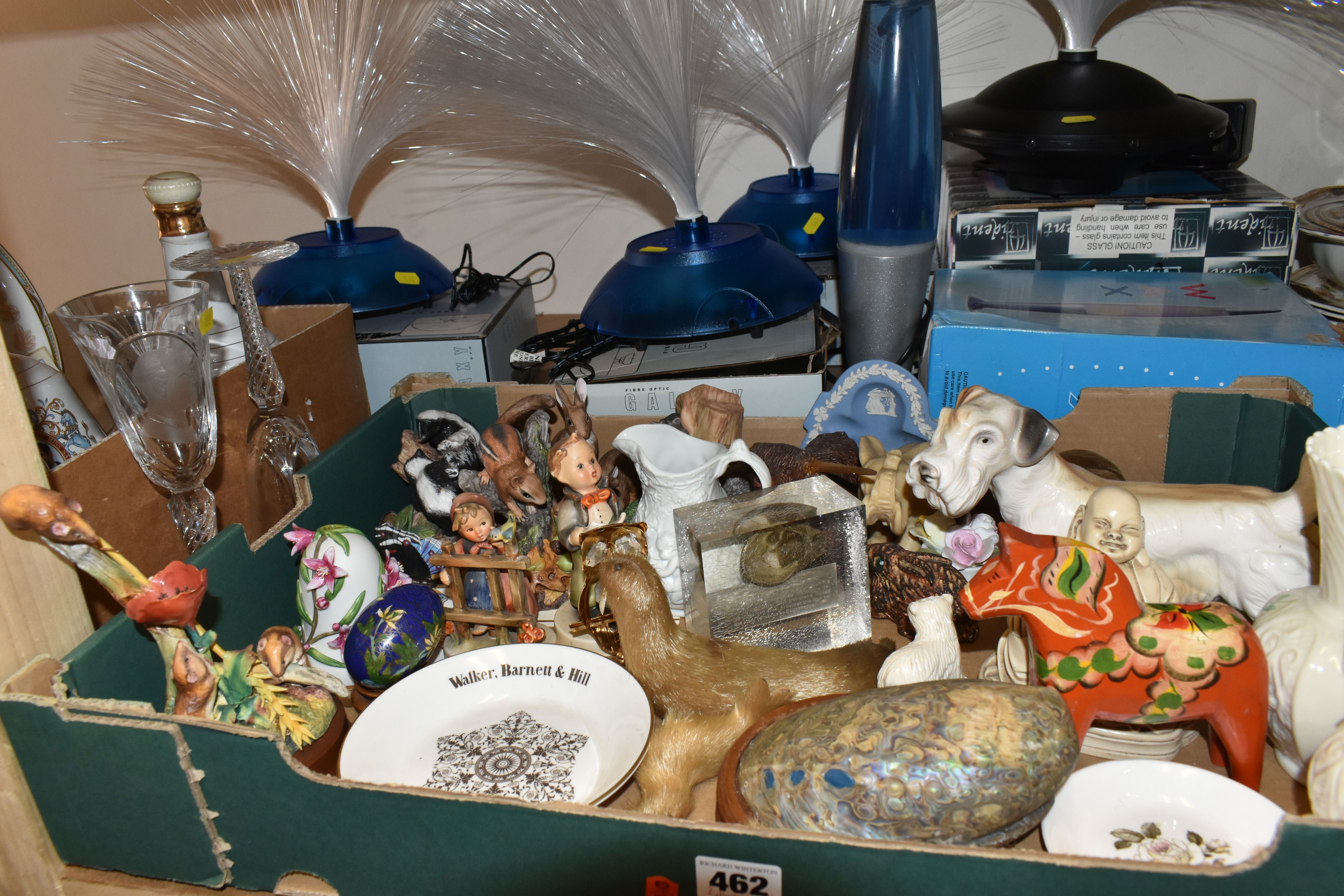 TWO BOXES AND LOOSE CERAMICS, FIBRE OPTIC LAMPS AND OTHER FIGURES, to include Hummel Soloist no