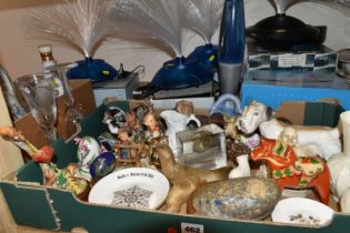 TWO BOXES AND LOOSE CERAMICS, FIBRE OPTIC LAMPS AND OTHER FIGURES, to include Hummel Soloist no