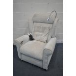 A BEIGE UPHOLSTERED ELECTRIC RISE AND RECLINE ARMCHAIR, with massaging settings (PAT pass and