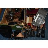 A CASED POLAROID LAND CAMERA MODEL J66 AND A BOX OF ASSORTED CAMERAS AND BINOCULARS, including a