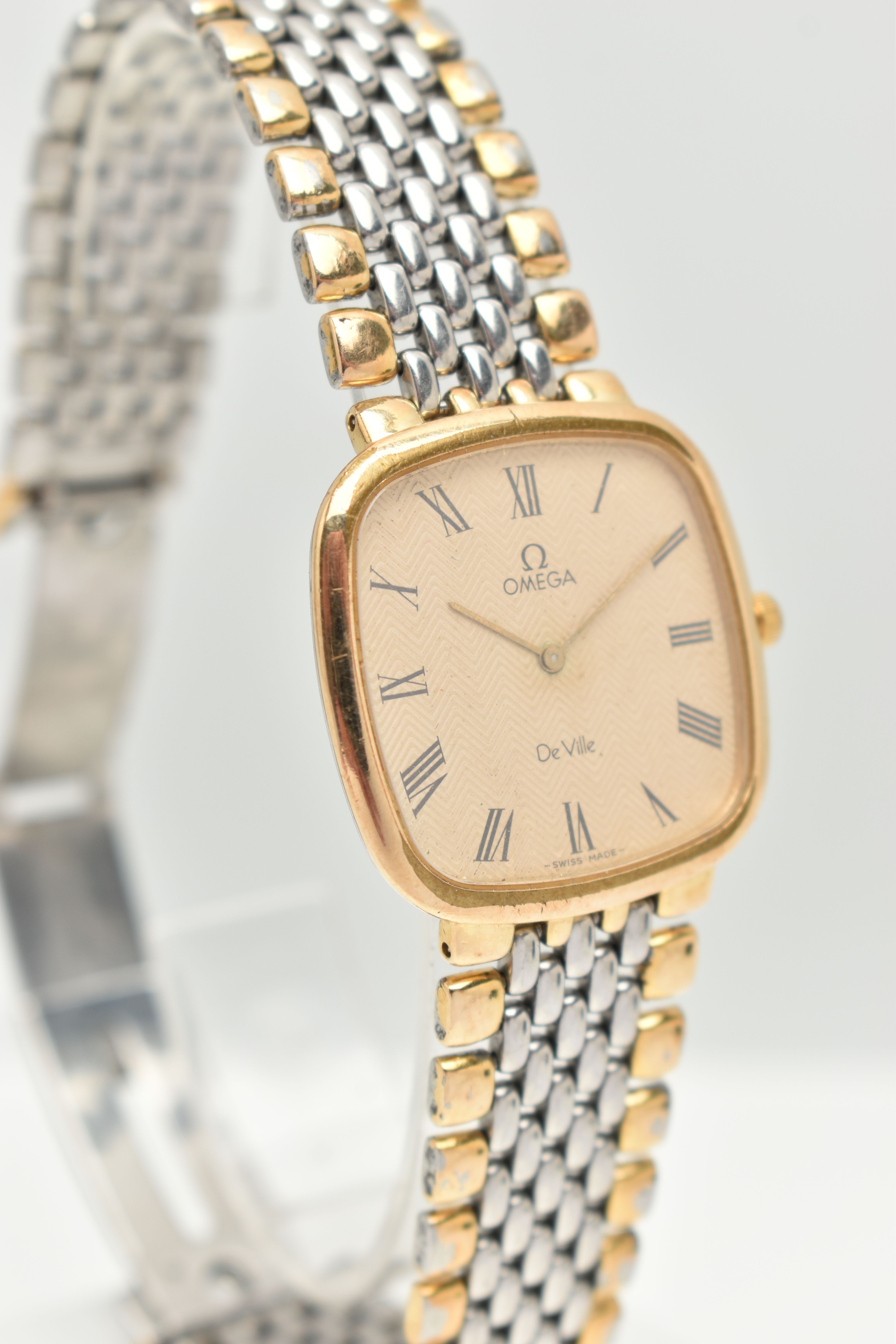 AN OMEGA DE VILLE STAINLESS STEEL WRISTWATCH, the curved square face with black Roman numerals, gold - Image 3 of 6