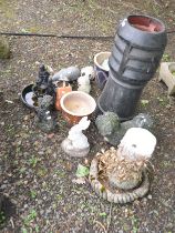 A VINTAGE CHIMNEY POT AND VARIOUS GARDEN ORNAMENTS including two dogs, two pots, a rabbit, etc (