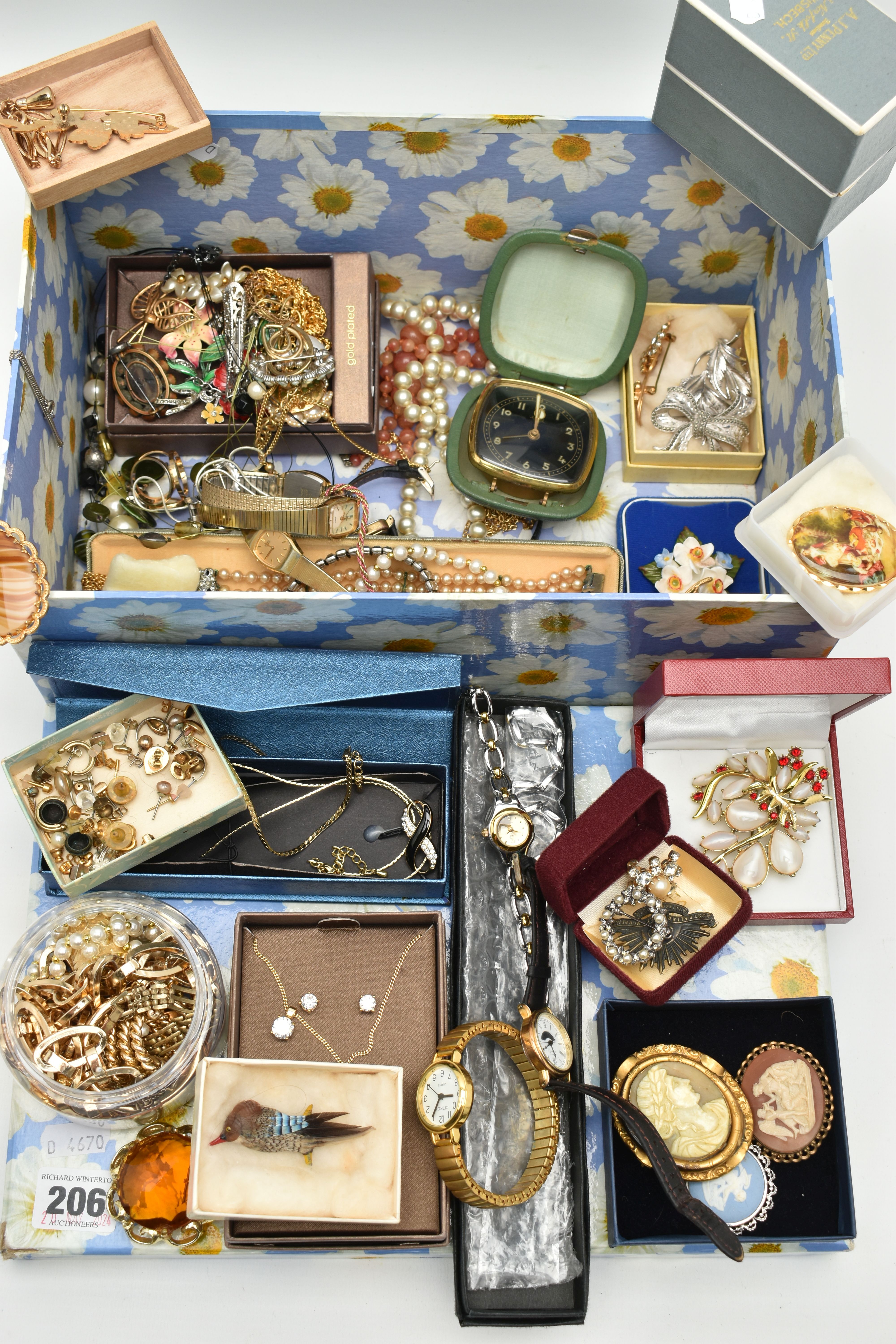 A BOX OF ASSORTED COSTUME JEWELLERY, to include a 'Sarah Cov' brooch and bracelet, an early 20th