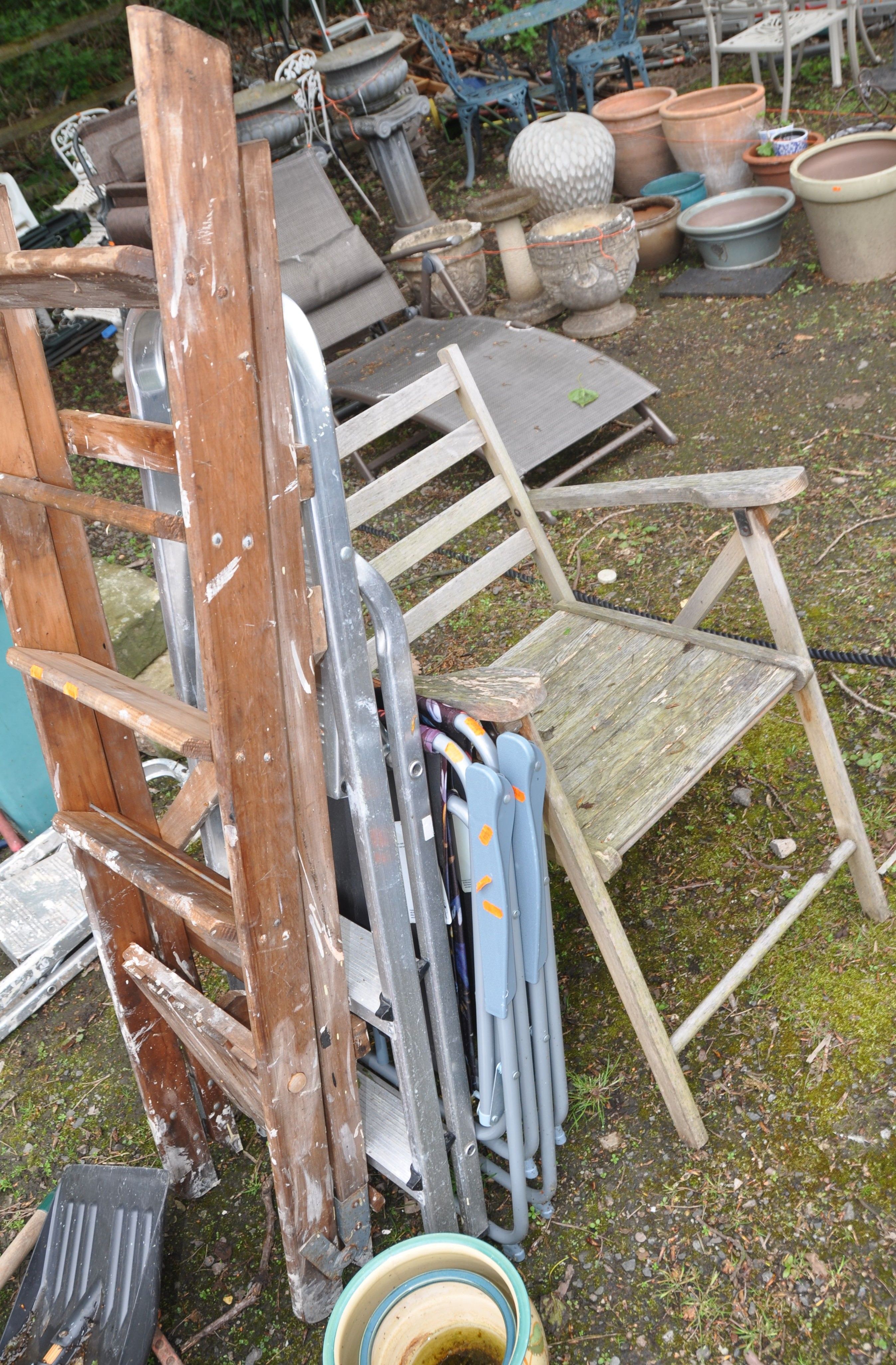 A COLLECTION OF GARDEN TOOLS AND STEP LADDERS including a garden trolley, pots, folding chairs, - Image 3 of 3