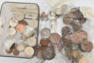 A BOX OF ASSORTED COINS, to include a small selection of silver coins, approximate gross weight 21.9