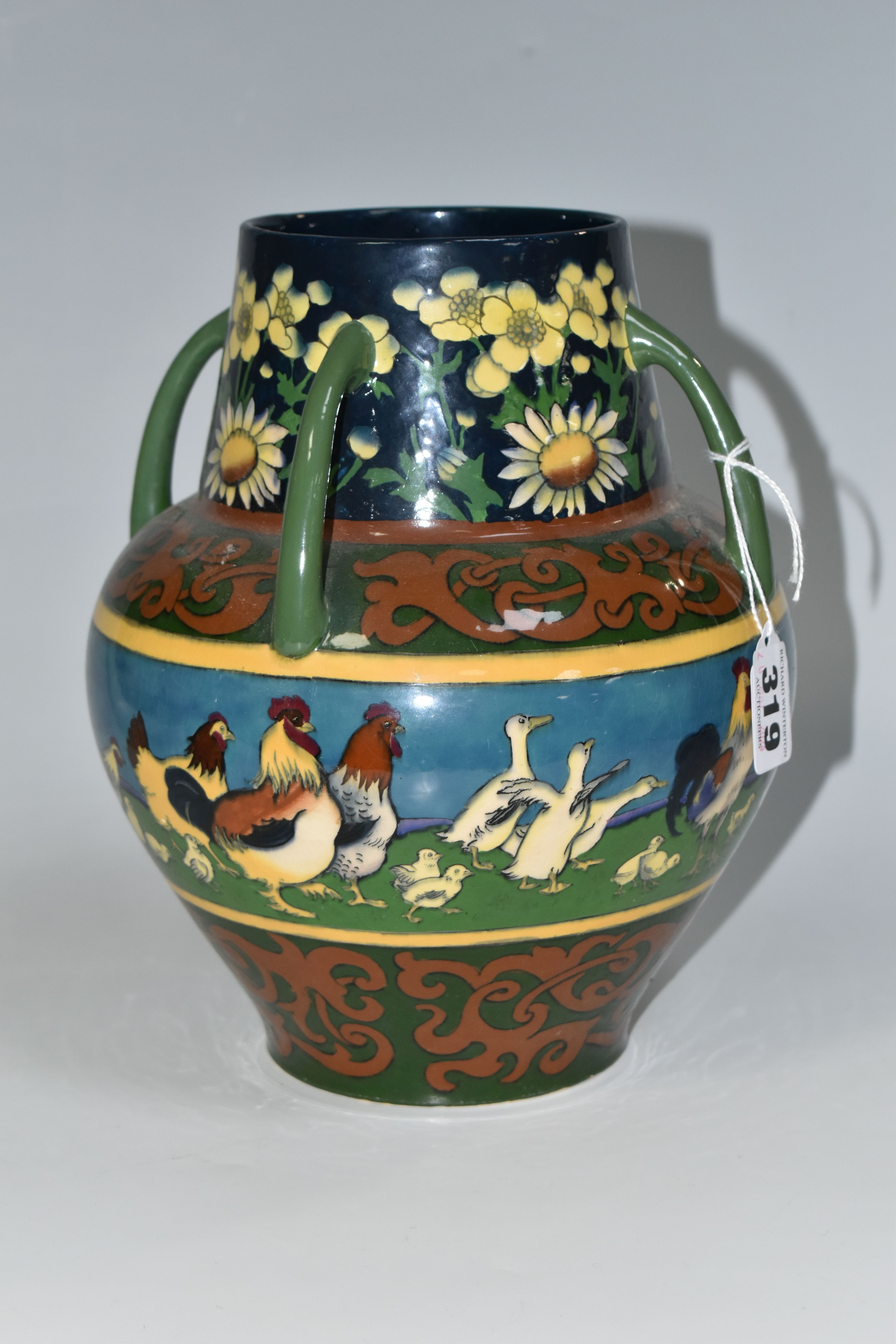 A WILEMAN & CO FOLEY INTARSIO 'POULTRY' PATTERN FOUR HANDLED VASE, model 3279, decorated with a band - Image 2 of 6