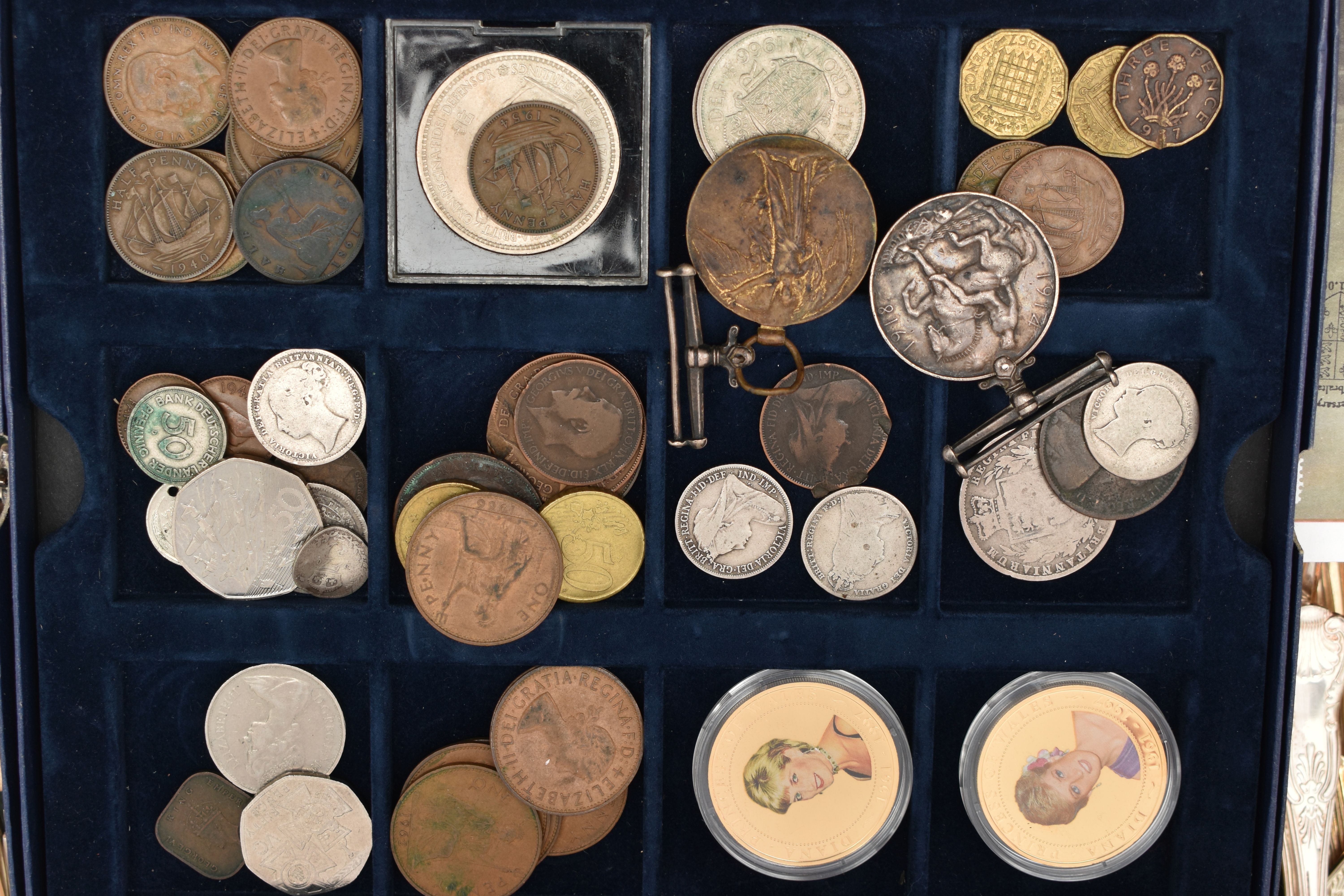 AN ASSORTMENT OF CUTLERY AND COINS, to include a selection of white metal cutlery, two guernsey - Image 2 of 6