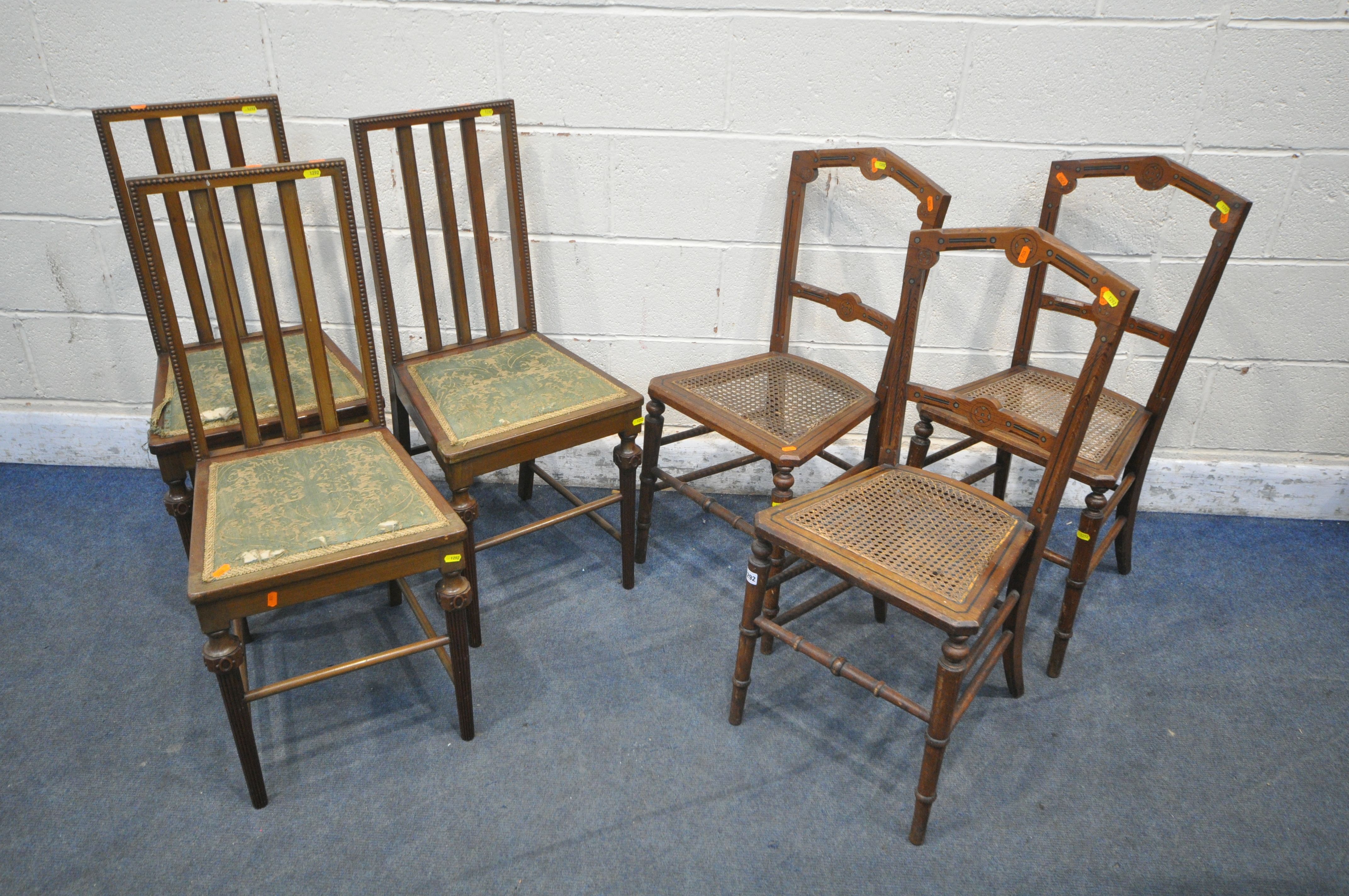 TWO SETS OF THREE EDWARDIAN CHAIRS, along with an oak gate leg table (condition report: