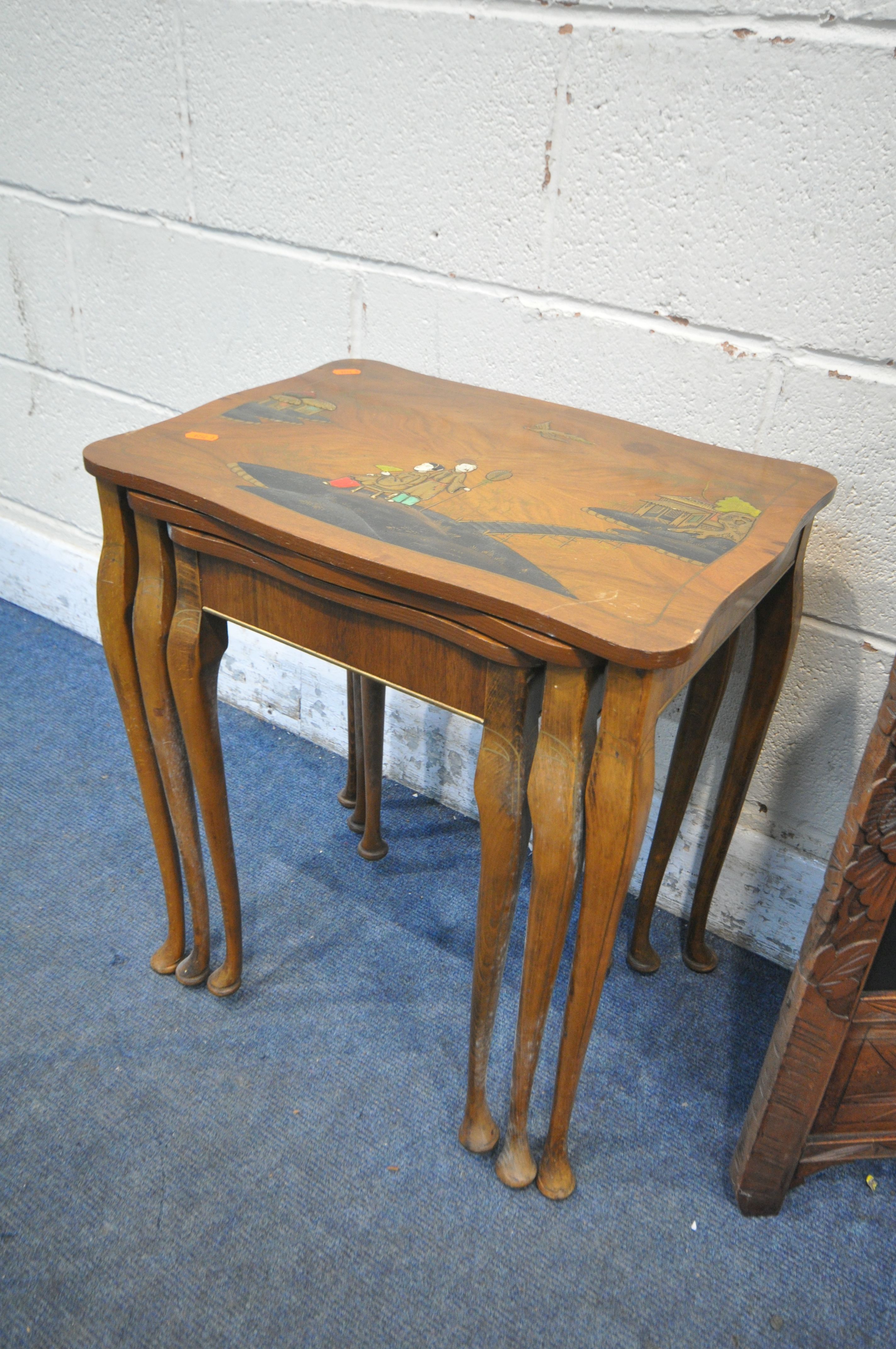 A CHINOISERIE WALNUT NEST OF THREE TABLES, largest table width 49cm x depth 36cm x height 55cm, - Image 3 of 4