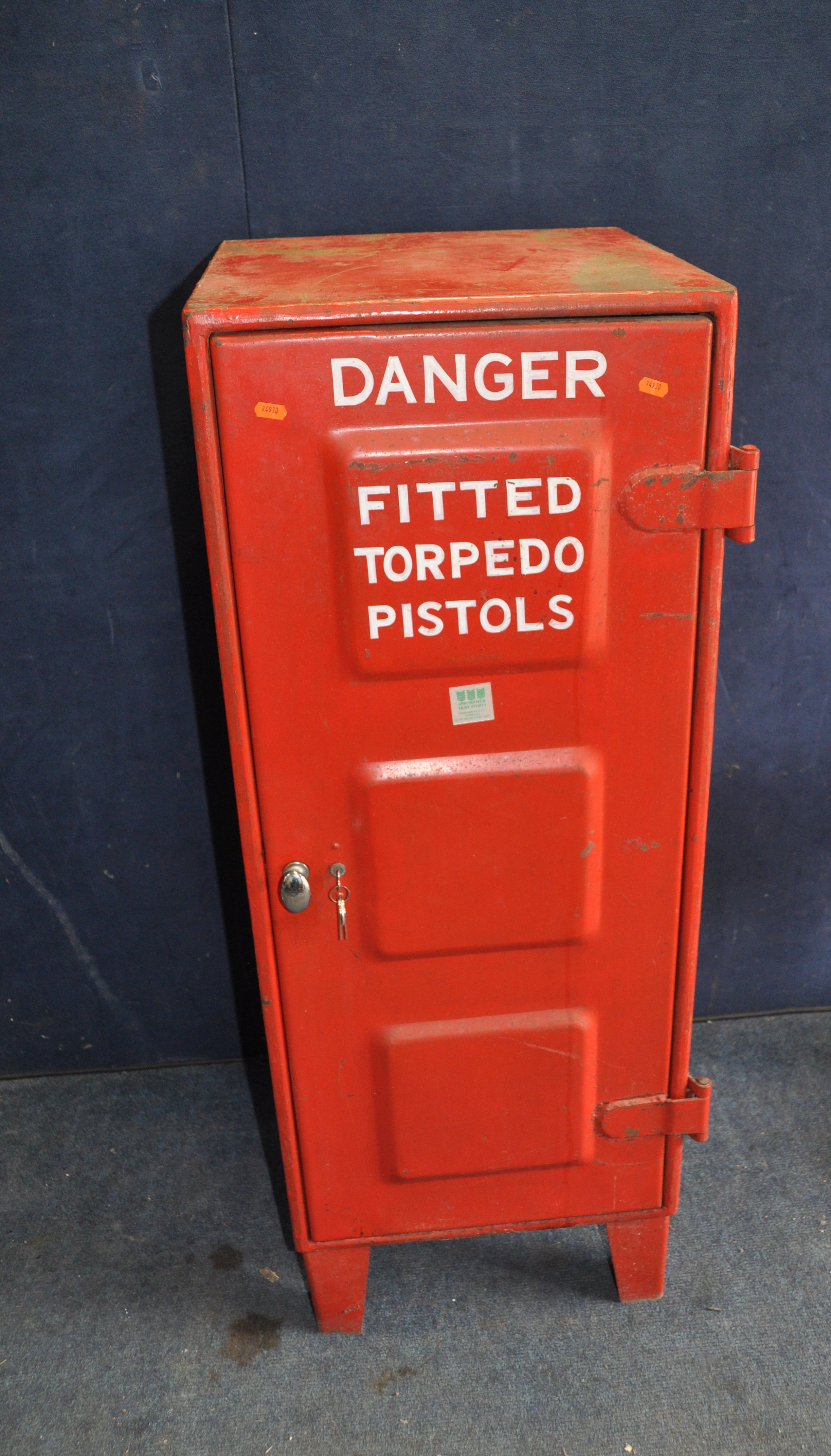 A MILITARY SINGLE DOOR METAL CABINET with three keys, width 46cm depth 50cm height 122cm