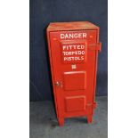 A MILITARY SINGLE DOOR METAL CABINET with three keys, width 46cm depth 50cm height 122cm