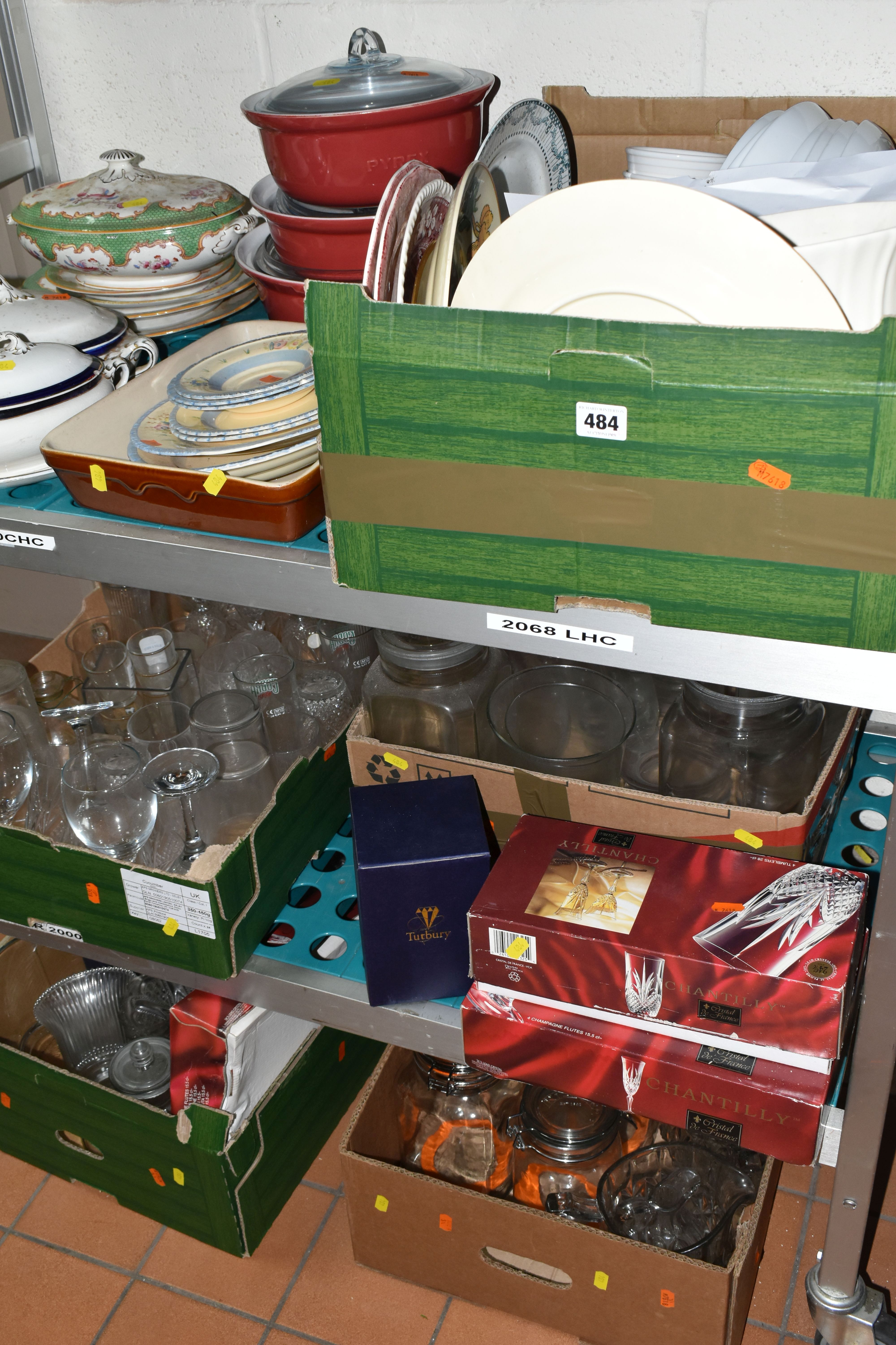 FIVE BOXES AND LOOSE CERAMICS AND GLASSWARE, to include a quantity of Kilner jars, Booths covered