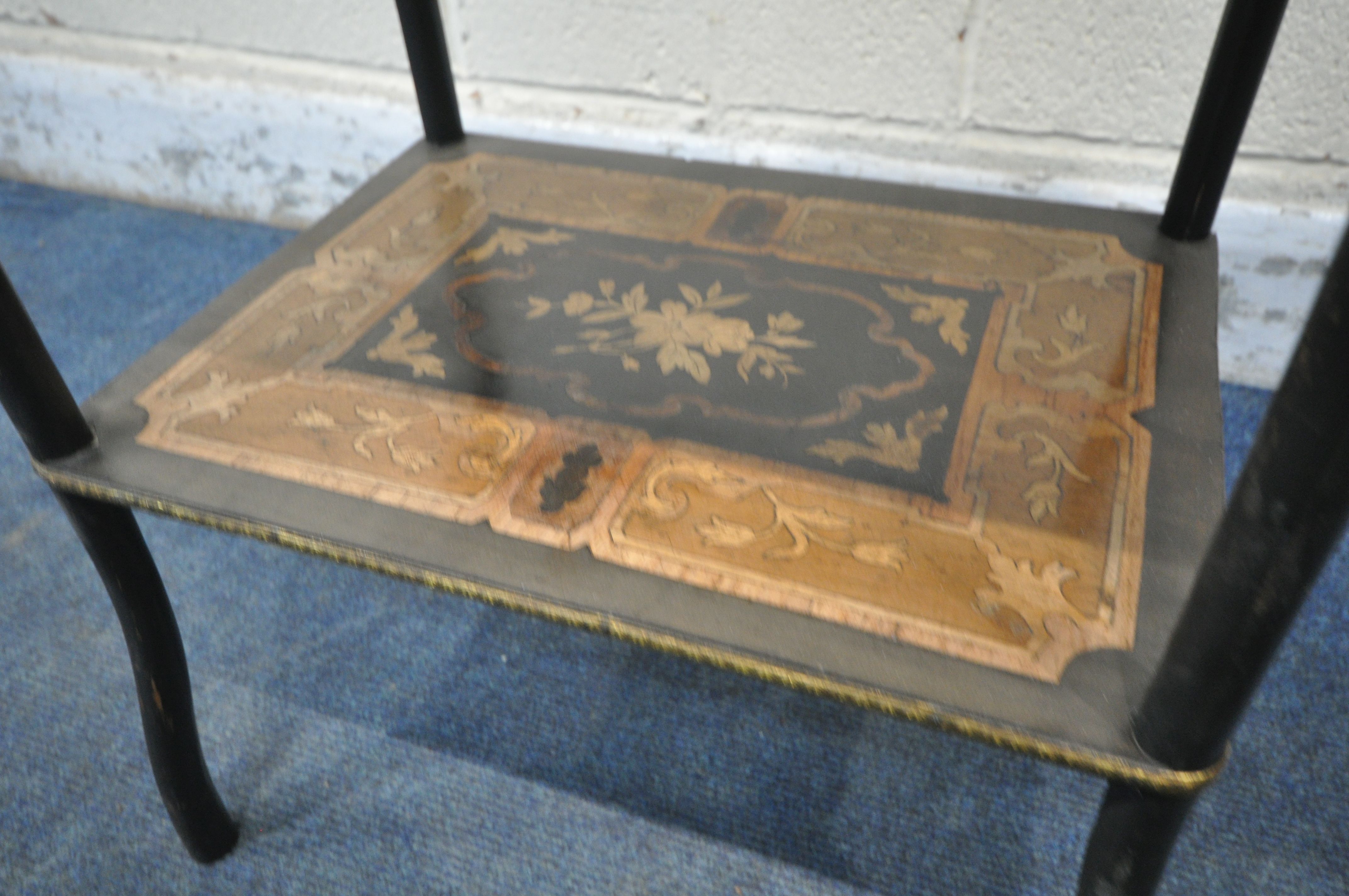 A FRENCH EBONISED AND MARQUETRY INLAID THREE TIER ETERGERE, with a pieced brass gallery top shelf, - Image 5 of 5