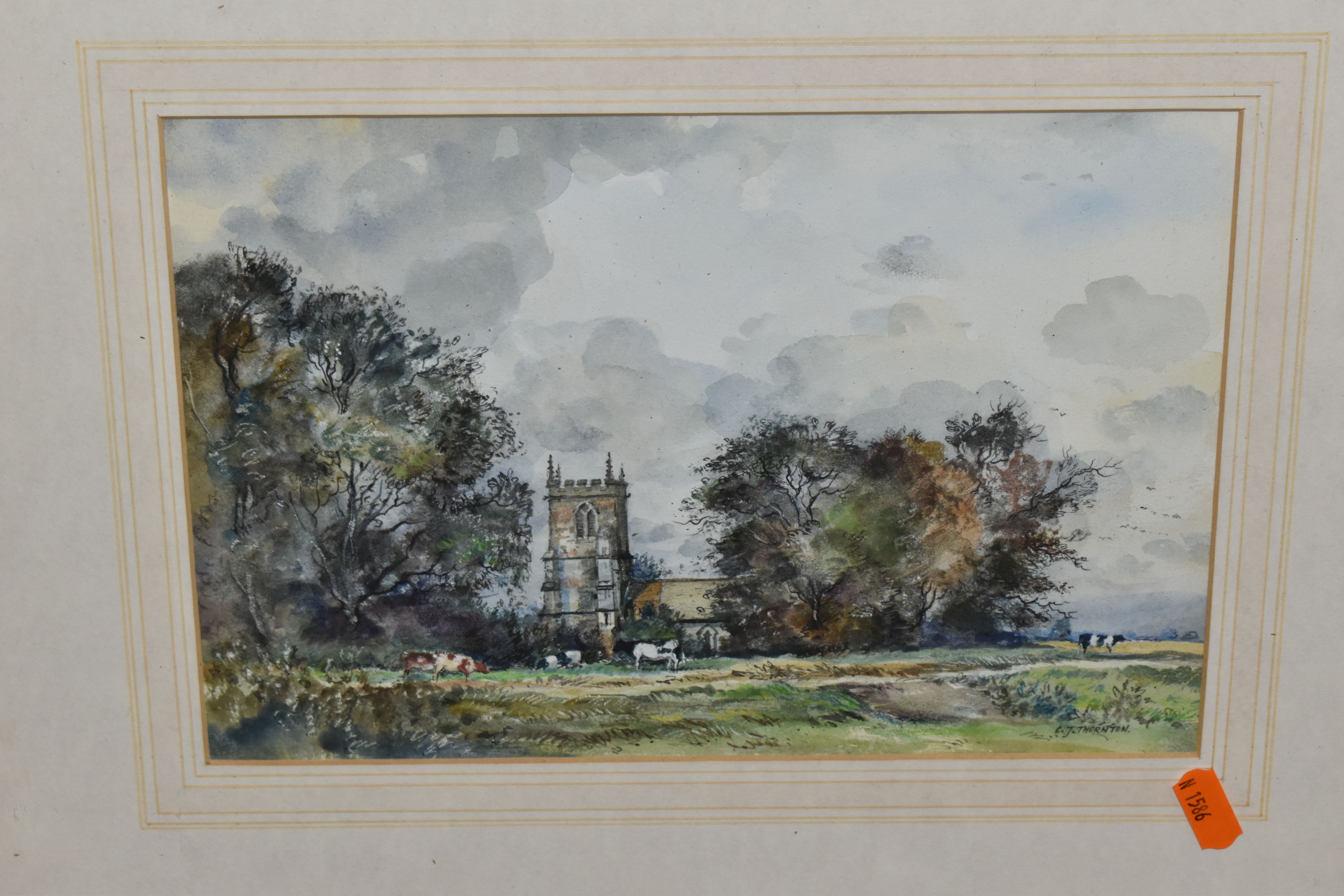 CECIL J. THORNTON (1911-2001) A LANDSCAPE WITH CHURCH, cattle are in a field before a church and - Image 2 of 4